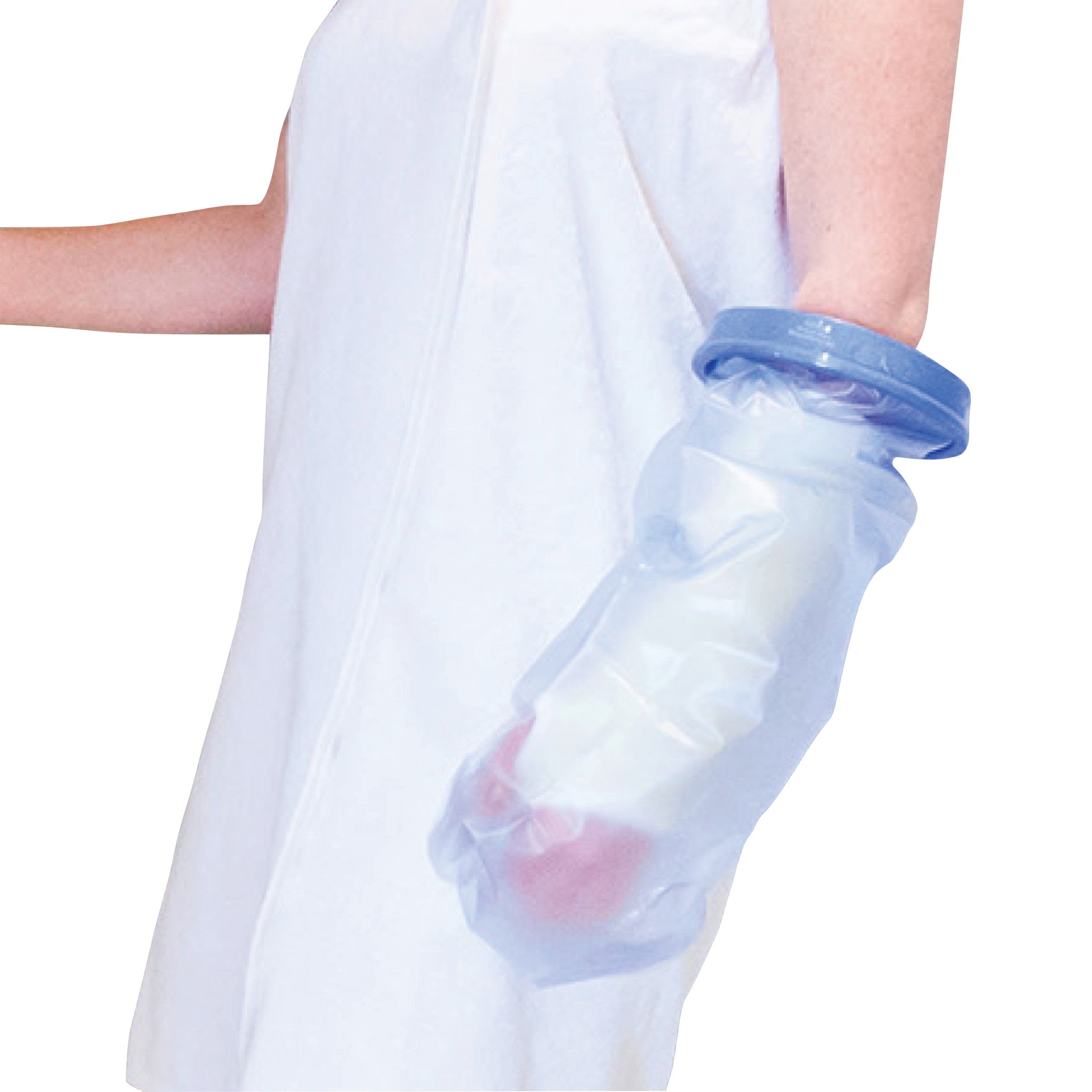 A person wearing the Brownmed SEAL-TIGHT Original Cast and Bandage Protector on their arm, showing its waterproof coverage.