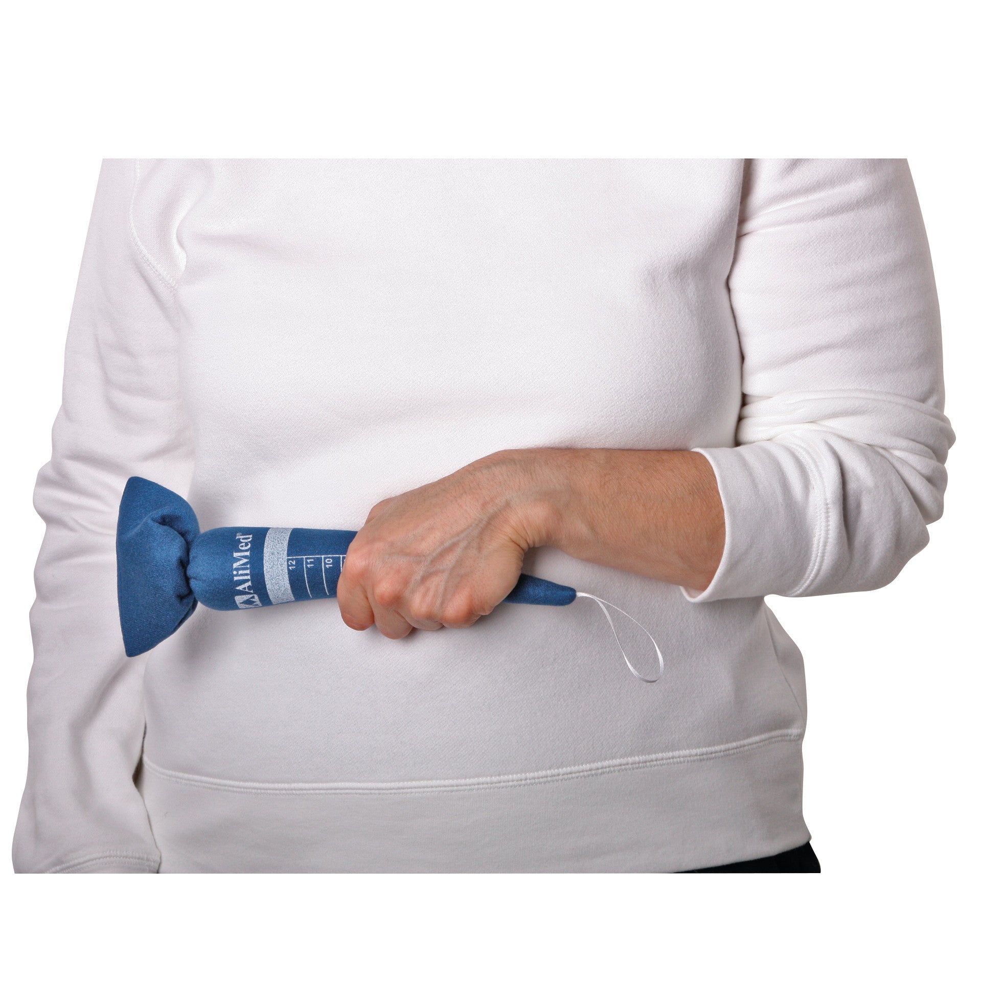 A person holds the AliMed Antimicrobial-Treated Blue Therapy Carrot Hand Contracture Orthosis Kit against a white shirt.