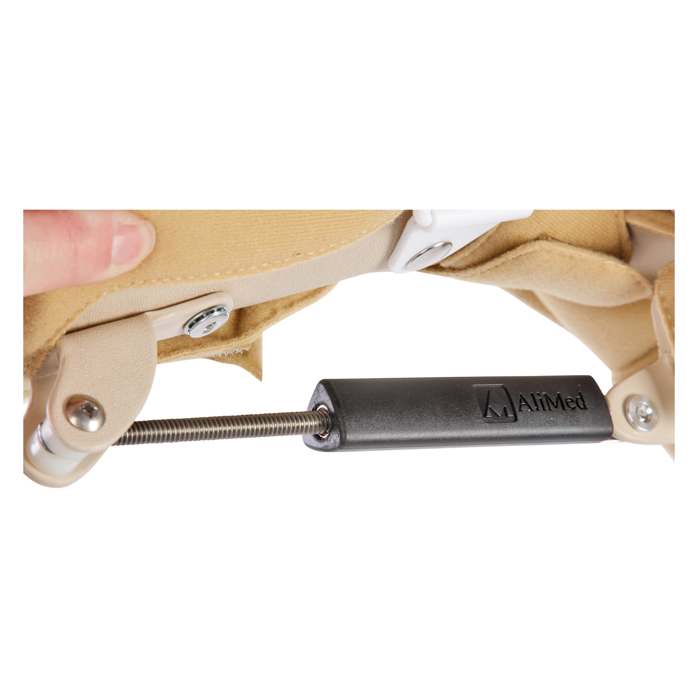 Close-up of the AliMed Turnbuckle Functional Position Hand Splint, showing its adjustable mechanism and beige padding.