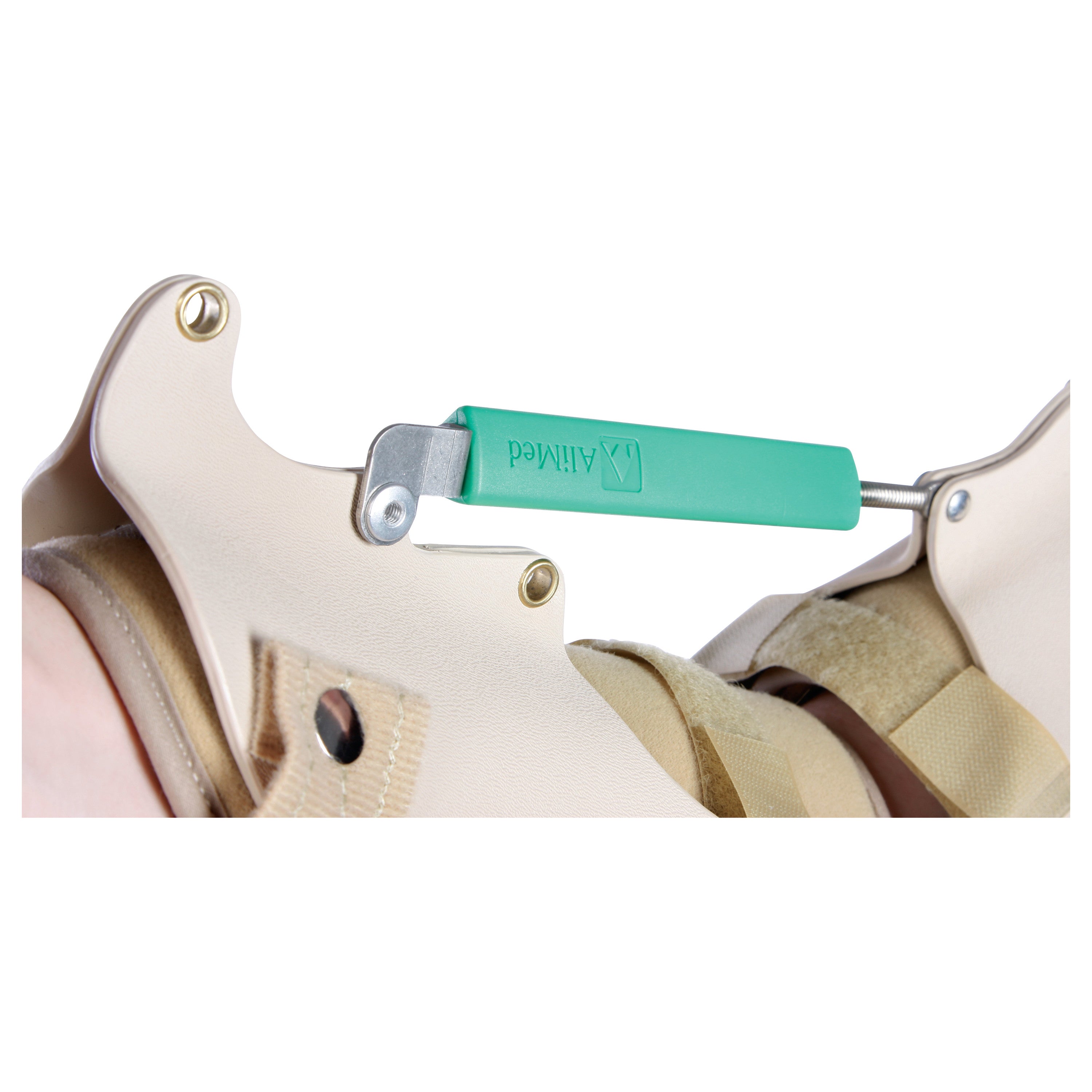 The AliMed Elbow Turnbuckle Orthosis is shown in use, featuring a green handle and beige straps secured with metal fasteners.