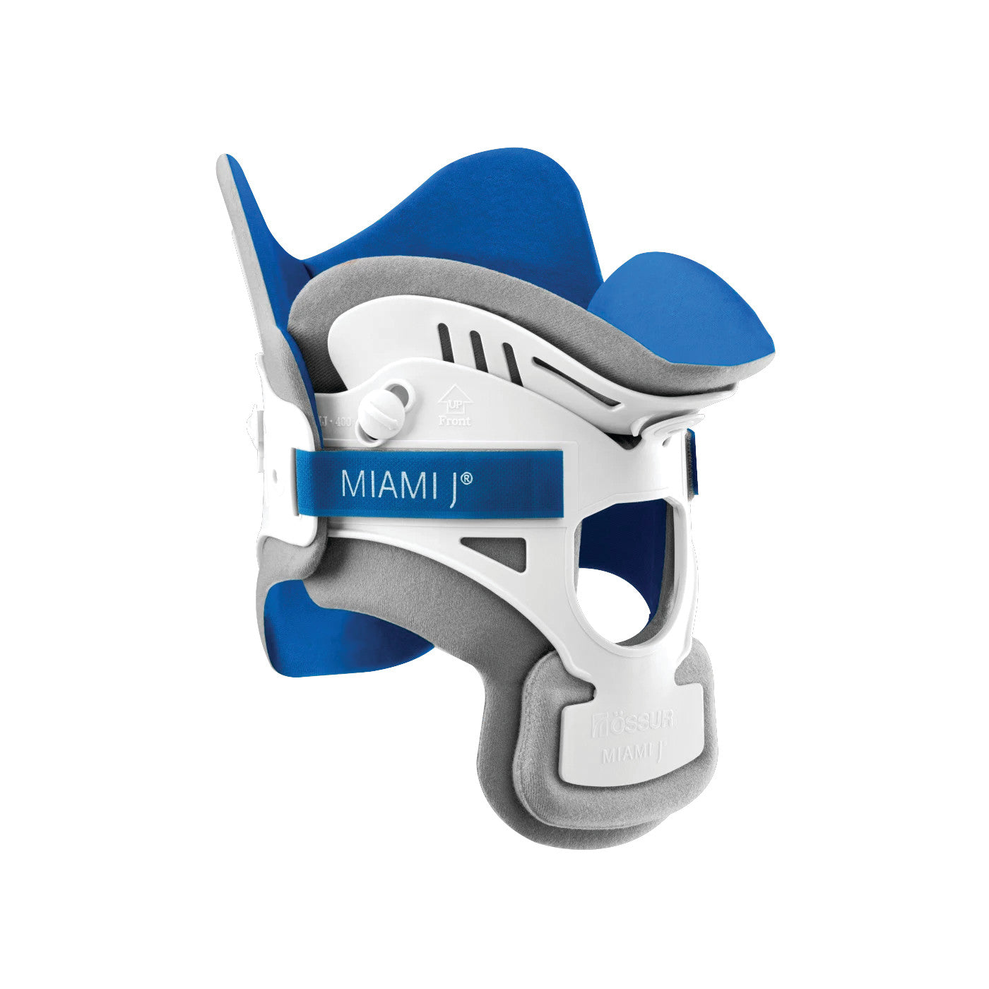 The Replacement Pad Set for OssurMiami J Cervical Collar is shown in white and blue with cushioning for neck support.