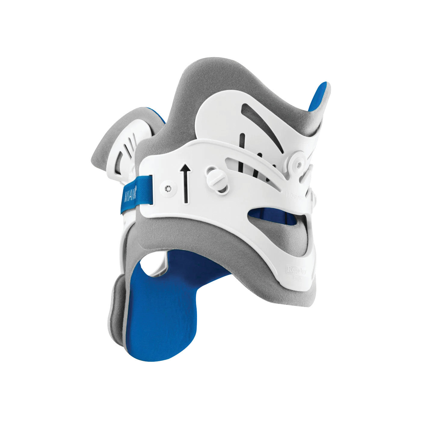 The Miami Jr. Cervical Collar is a white and gray neck brace with blue accents, designed for cervical spine support.