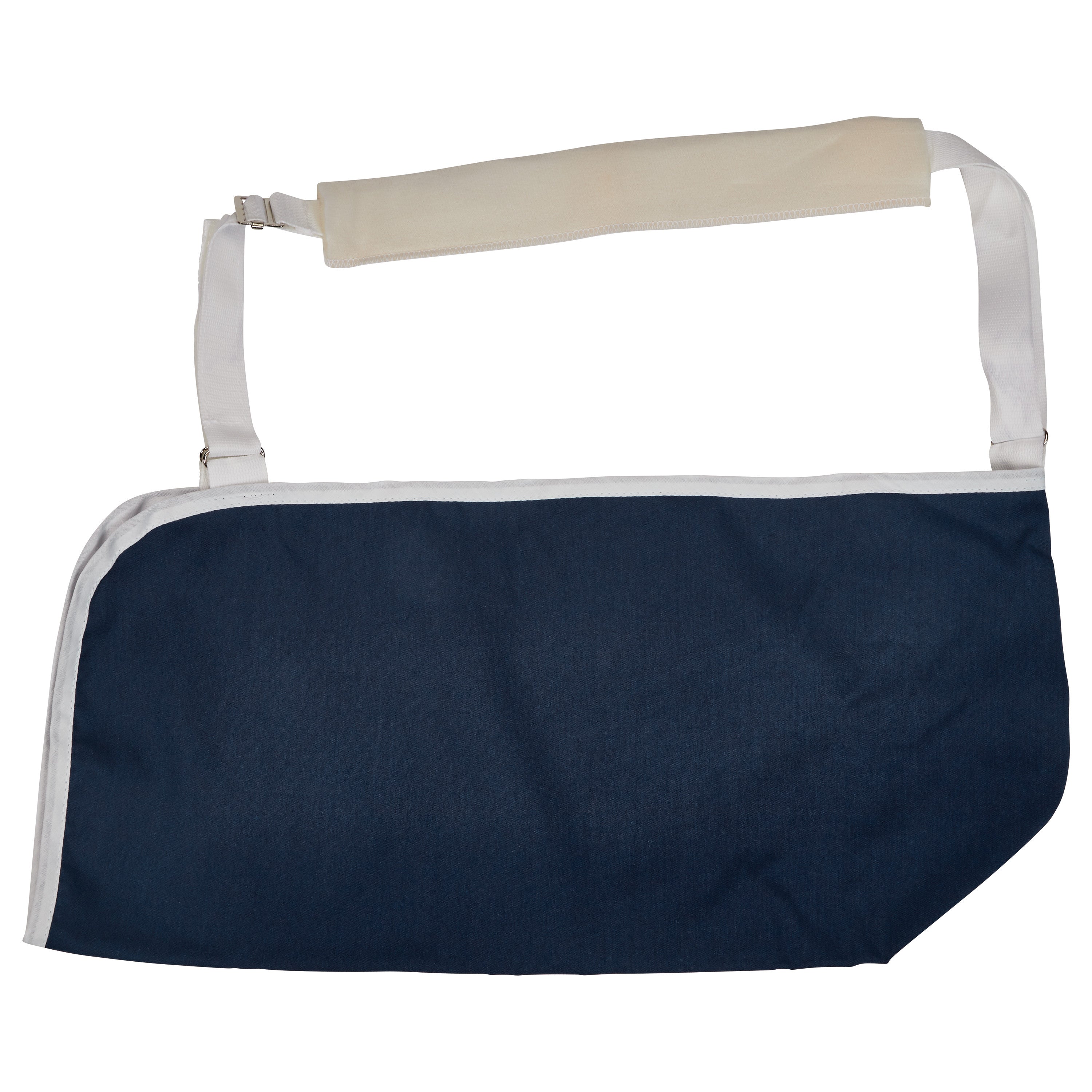 The AliMed Deluxe Envelope Style Arm Sling is a dark blue fabric sling with white trim and an adjustable strap with a padded shoulder section.
