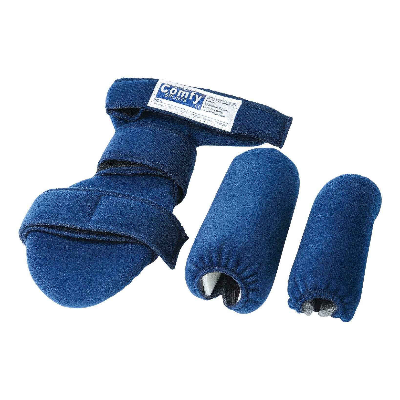 Comfy Splints Adult Grip Hand Orthosis showing a blue padded hand splint with two removable foam cylinders for support and positioning.