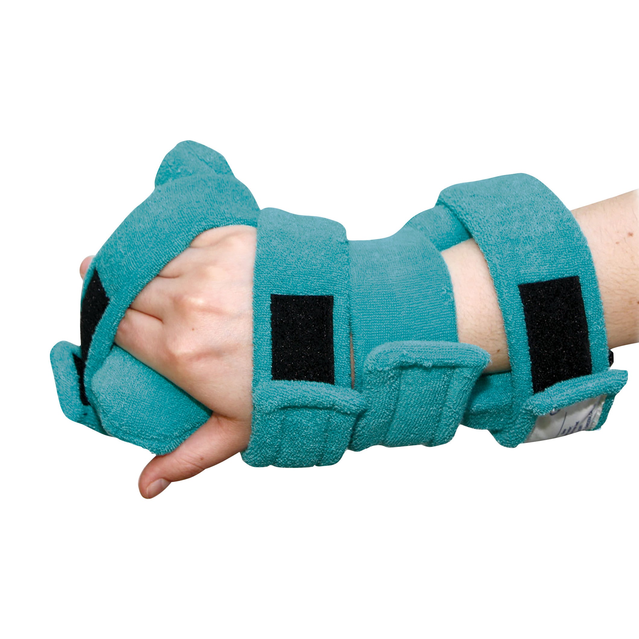 A hand is shown wearing a Comfy Splints Pediatric 4-Strap Hand/Thumb Orthosis. It is teal with adjustable straps.