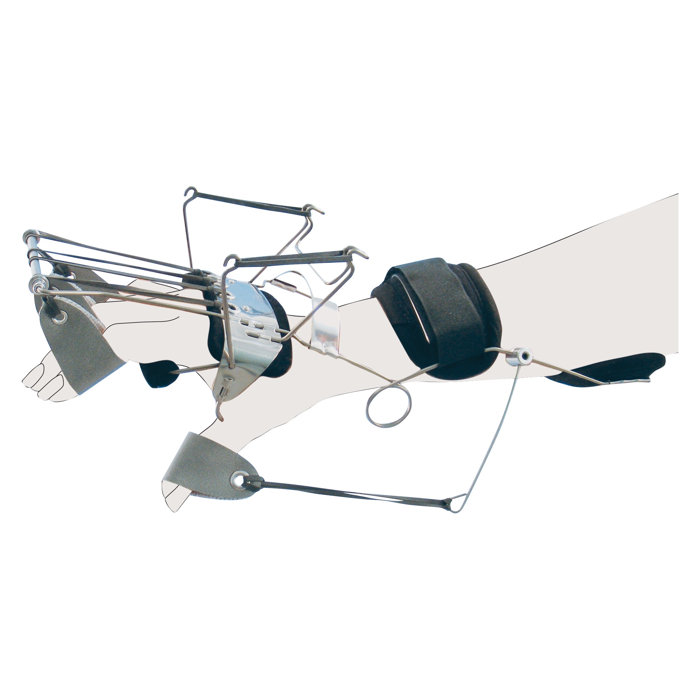 The Combination Spring Oppenheimer with Reverse Knuckle Bender is shown on an arm. It features metal rods and adjustable straps.