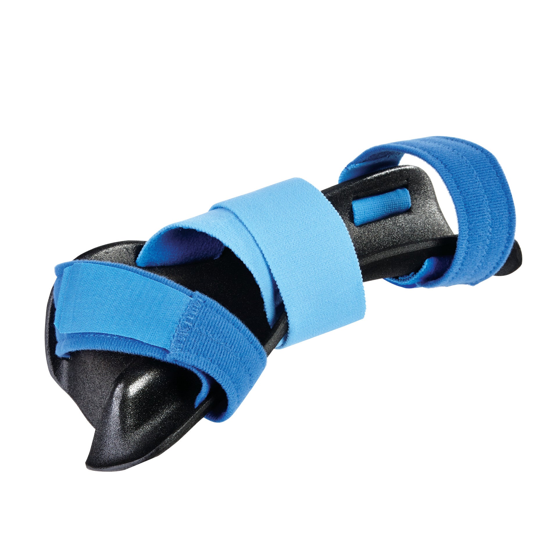AliMed AliLite Resting Hand Mitt Splint with blue straps is designed for hand support and immobilization, featuring a sleek, black frame.