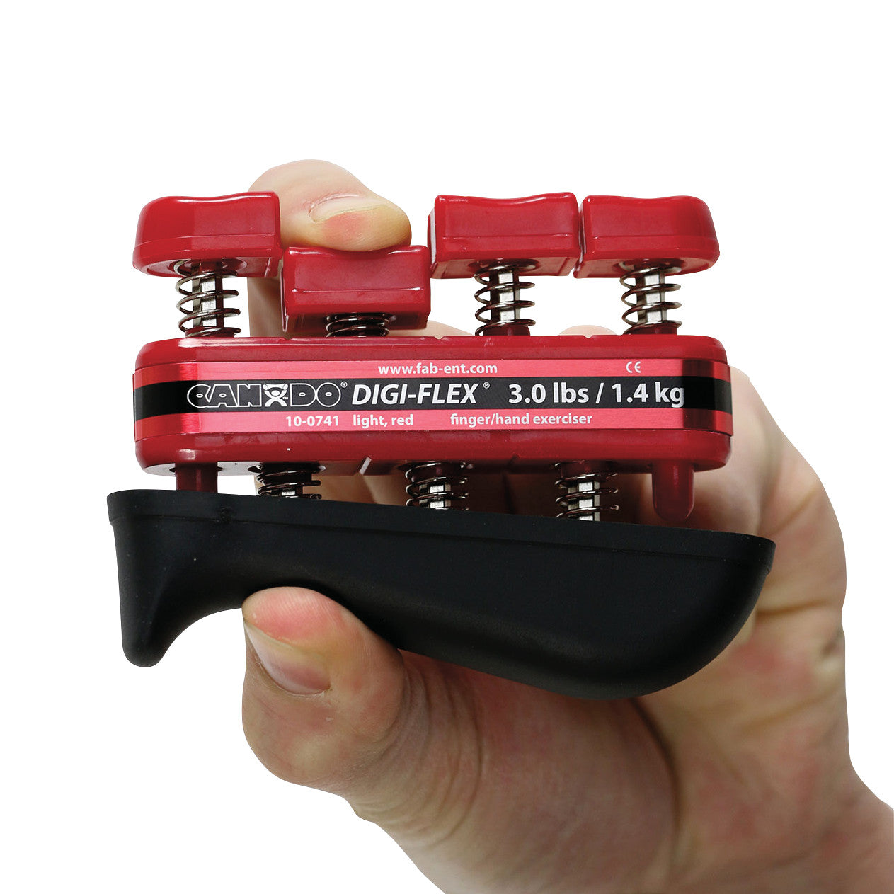 A hand holding a CanDo Digi-Flex Hand Exerciser, red, with black base. It reads "3.0 lbs / 1.4 kg, light, red."