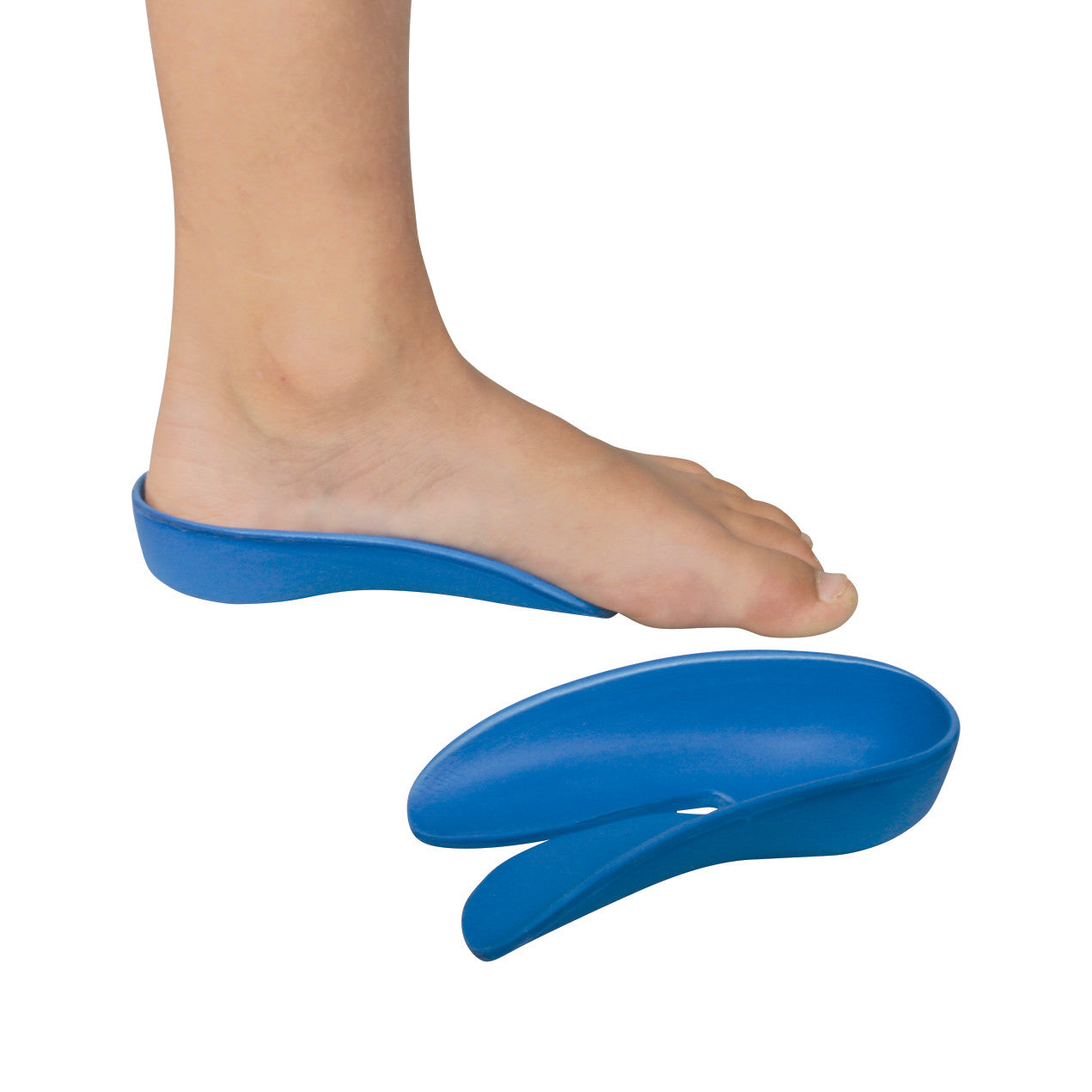 A child's foot is placed inside a blue AliMed Pediatric Dynamic Foot Stabilizer (DFS) with an extra stabilizer beside it.