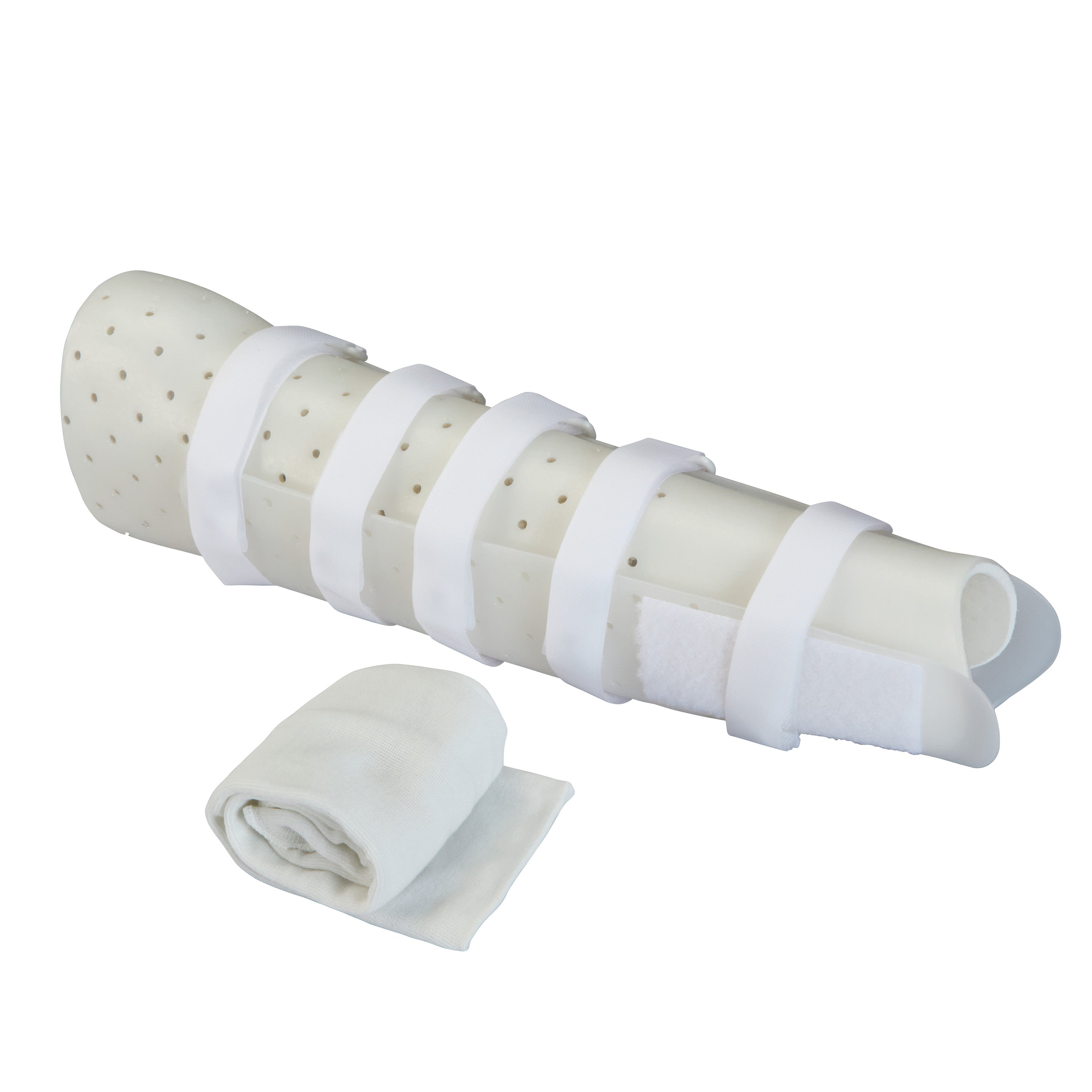 The Miami Tibial Fracture PTB Brace is shown folded with  foam material and securing straps, alongside a rolled fabric piece.