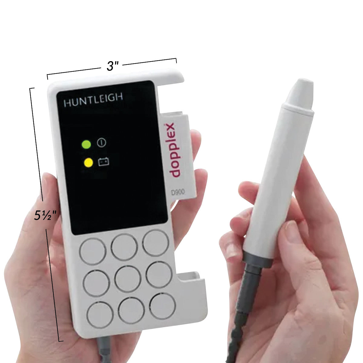 Huntleigh Mini Dopplex (D900) handheld Doppler unit with circular buttons, held in one hand, and its probe held in the other.