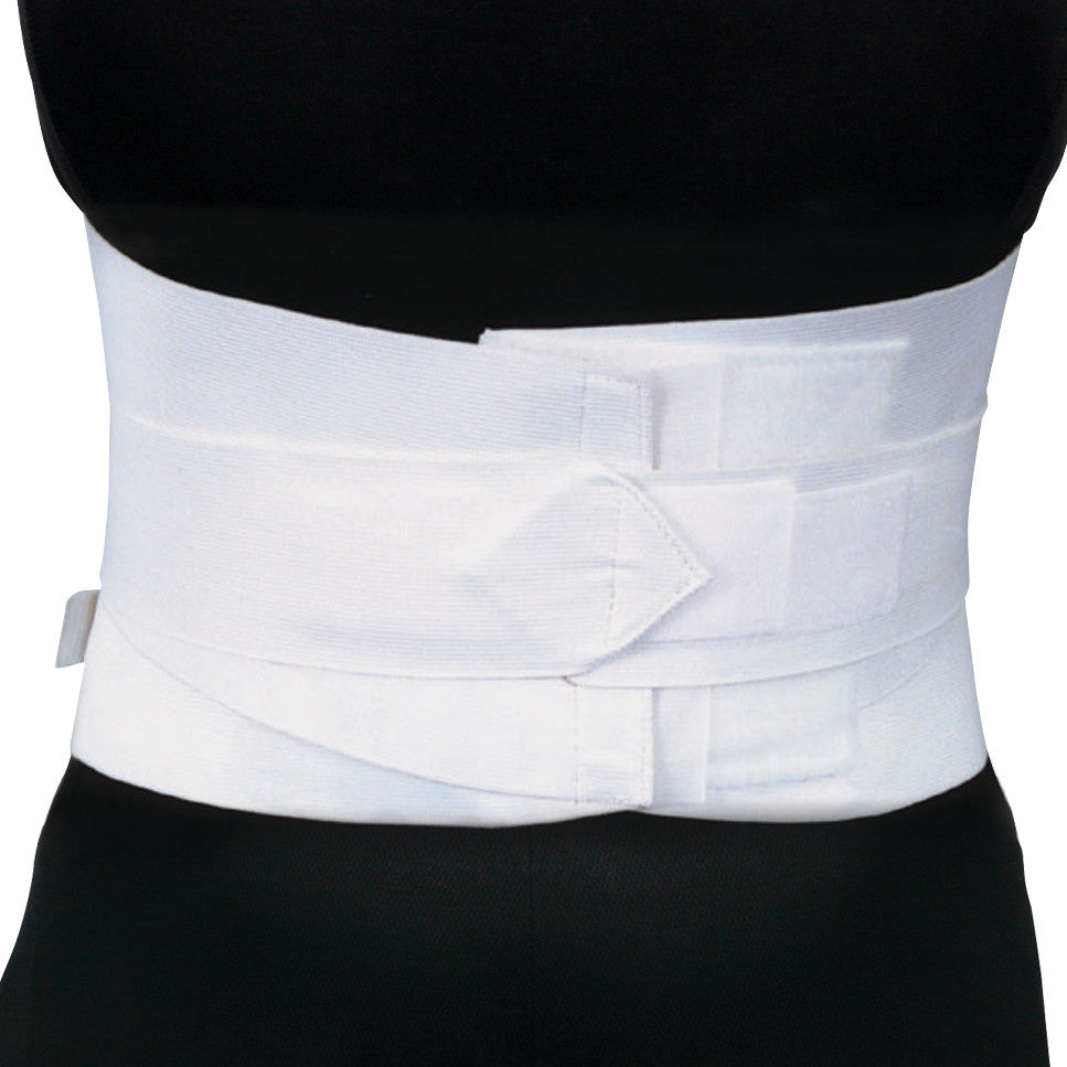 The image features the EZY Wrap Elastic Lumbosacral Support with Pocket, a white back brace with adjustable straps worn on the waist.