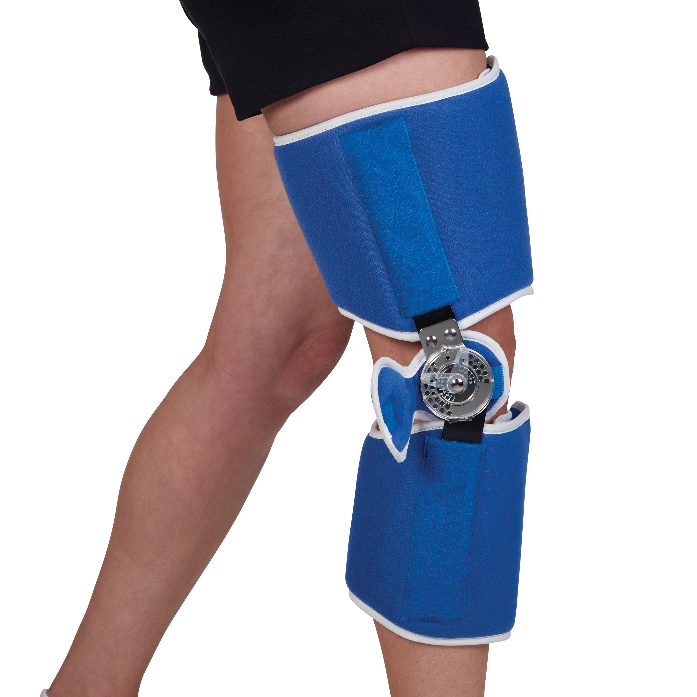 A person wears an AliMed Easy-On Knee Brace, featuring blue cushioned pads and a metal hinge, supporting their knee.