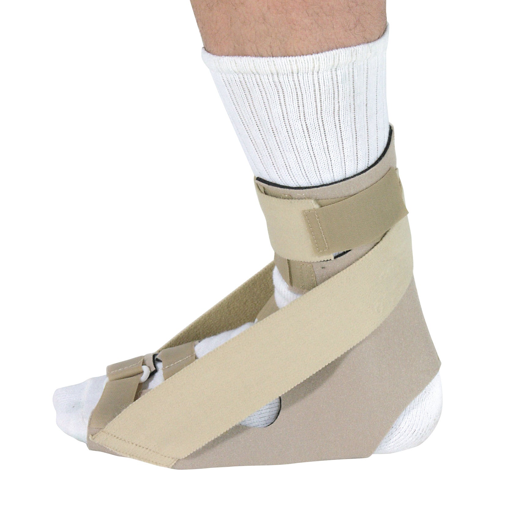 A person's foot is shown wearing the AliMed Soft PF Night Splint, designed to support the ankle and foot, with beige straps.