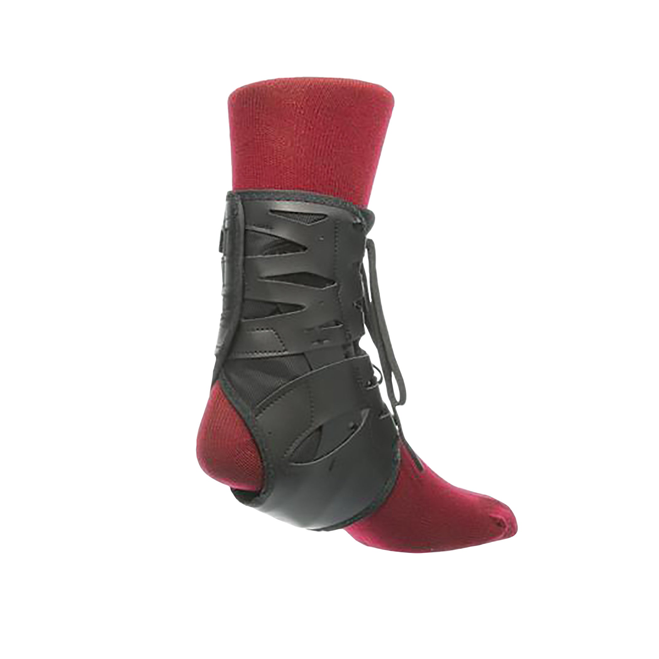 A red socked foot is equipped with a Swede-O Tarsal-Lok Ankle Brace featuring a black support structure and lace-up design.