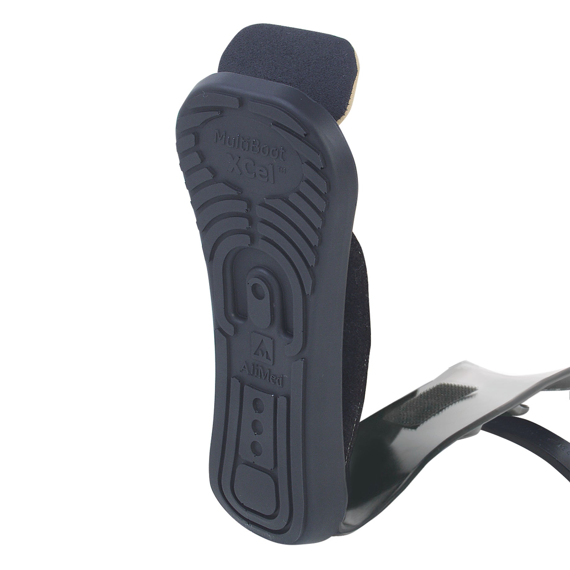 The AliMed MultiBoot X-Cel Contracture Boot with Genuine Wool Liner is shown from the bottom, highlighting its sole design and straps.