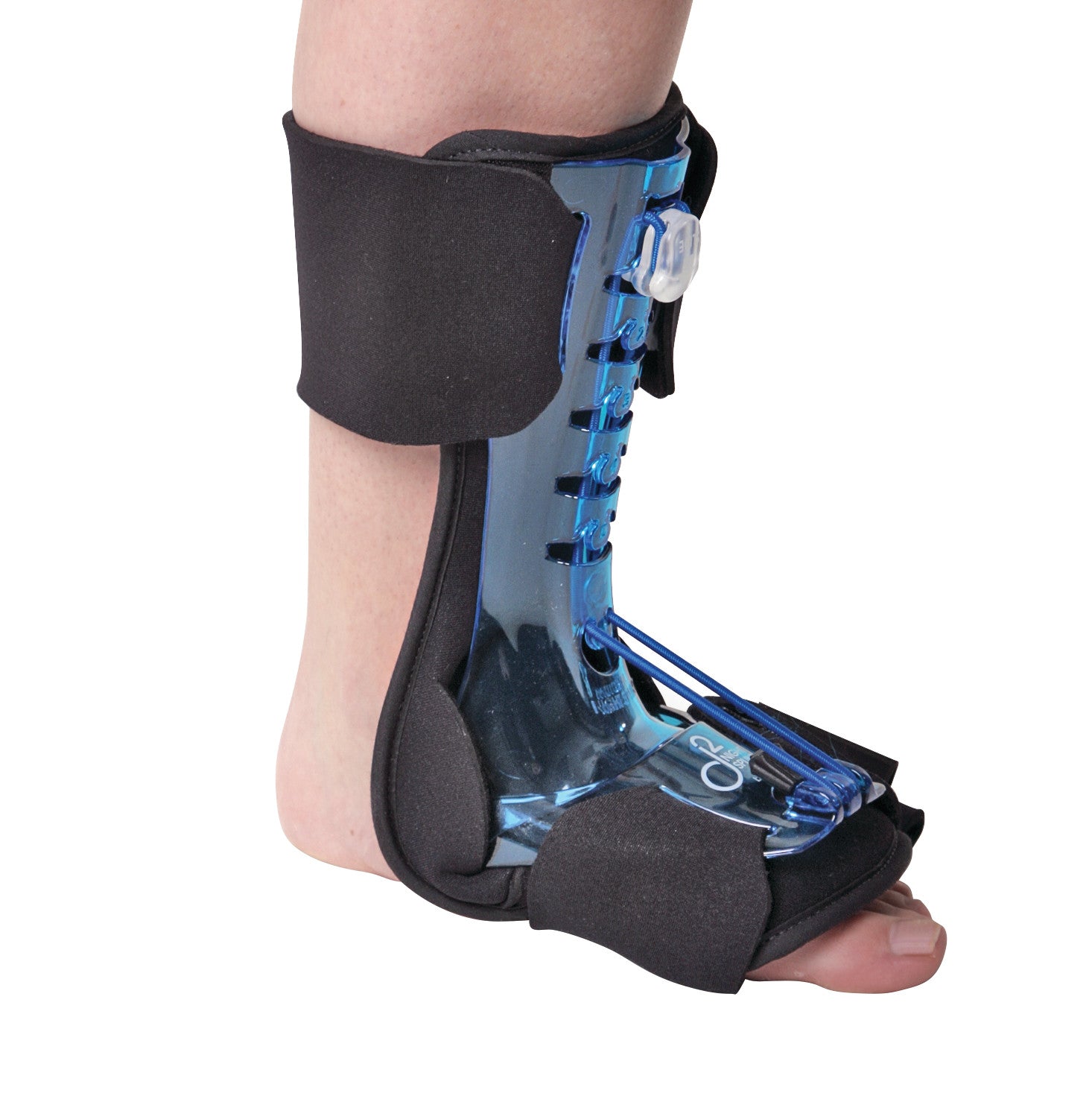 A person's foot wearing an AliMed D2 PF Night Splint with blue accents and adjustable straps for support.