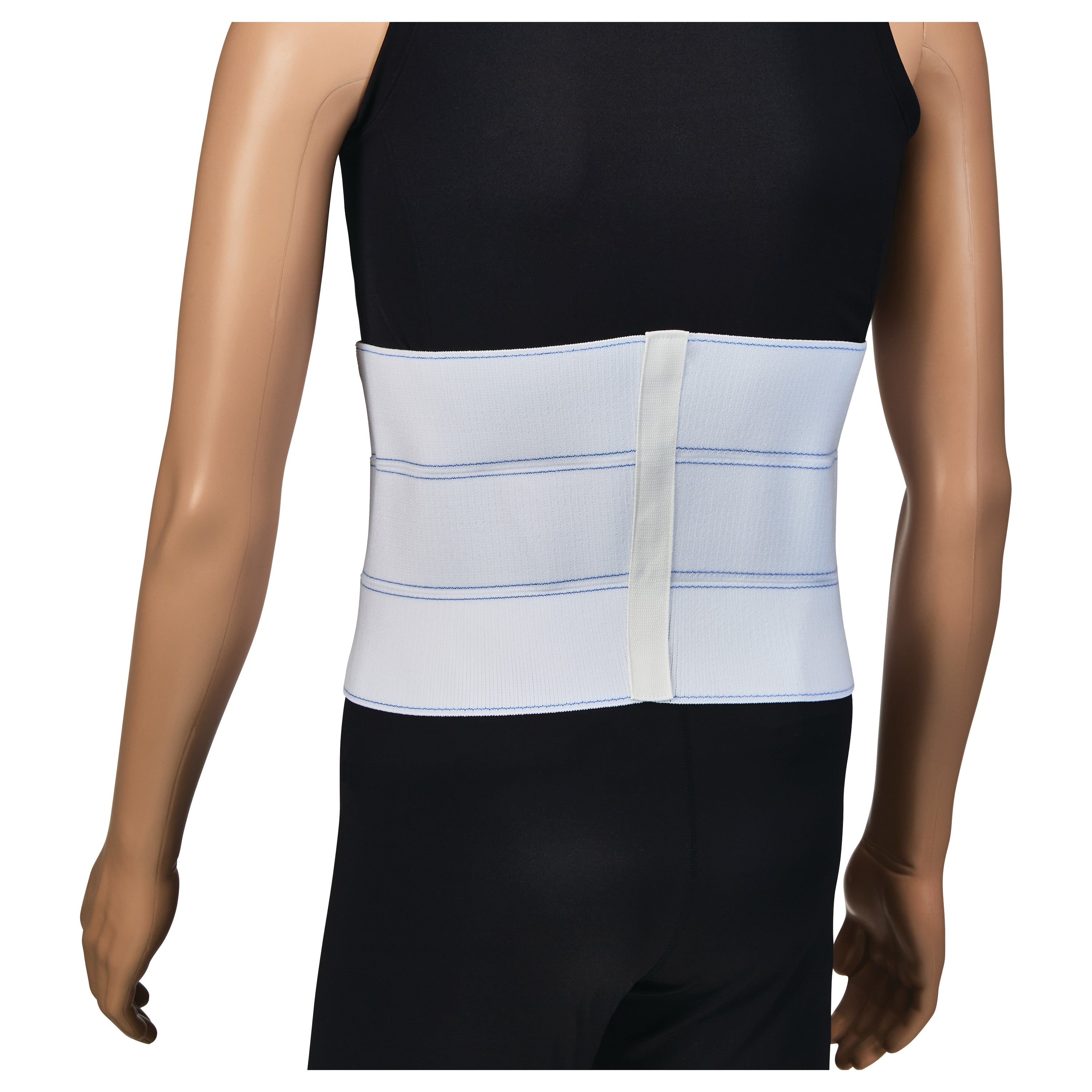 A mannequin wearing an AliMed Three-Panel Abdominal Support around the waist, over a black outfit, viewed from the back.