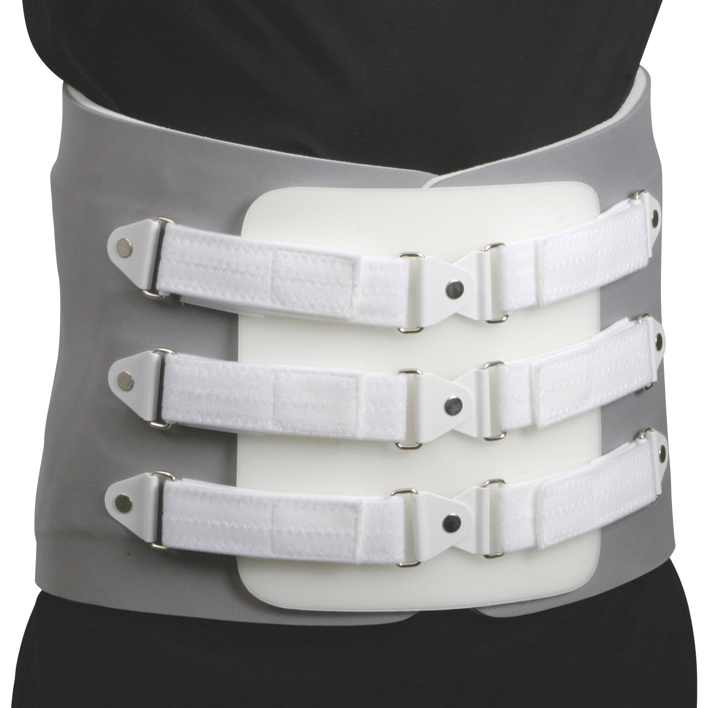 A person wears an AliMed LSO back brace with gray padding and four adjustable white straps over a black garment.