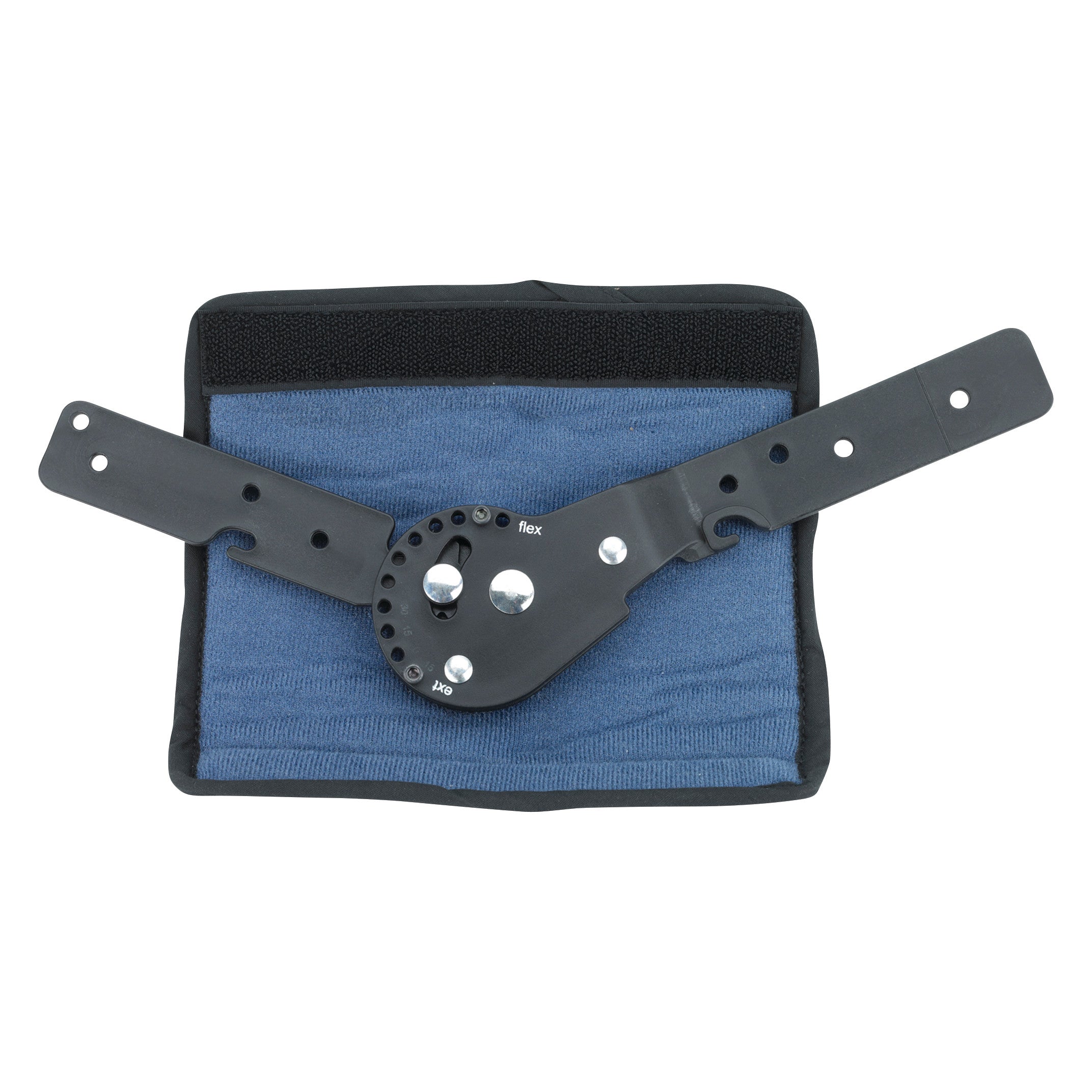 The OCSI OrthoPro ROM Knee Orthosis is displayed on a blue fabric, featuring adjustable black straps and a hinge mechanism.