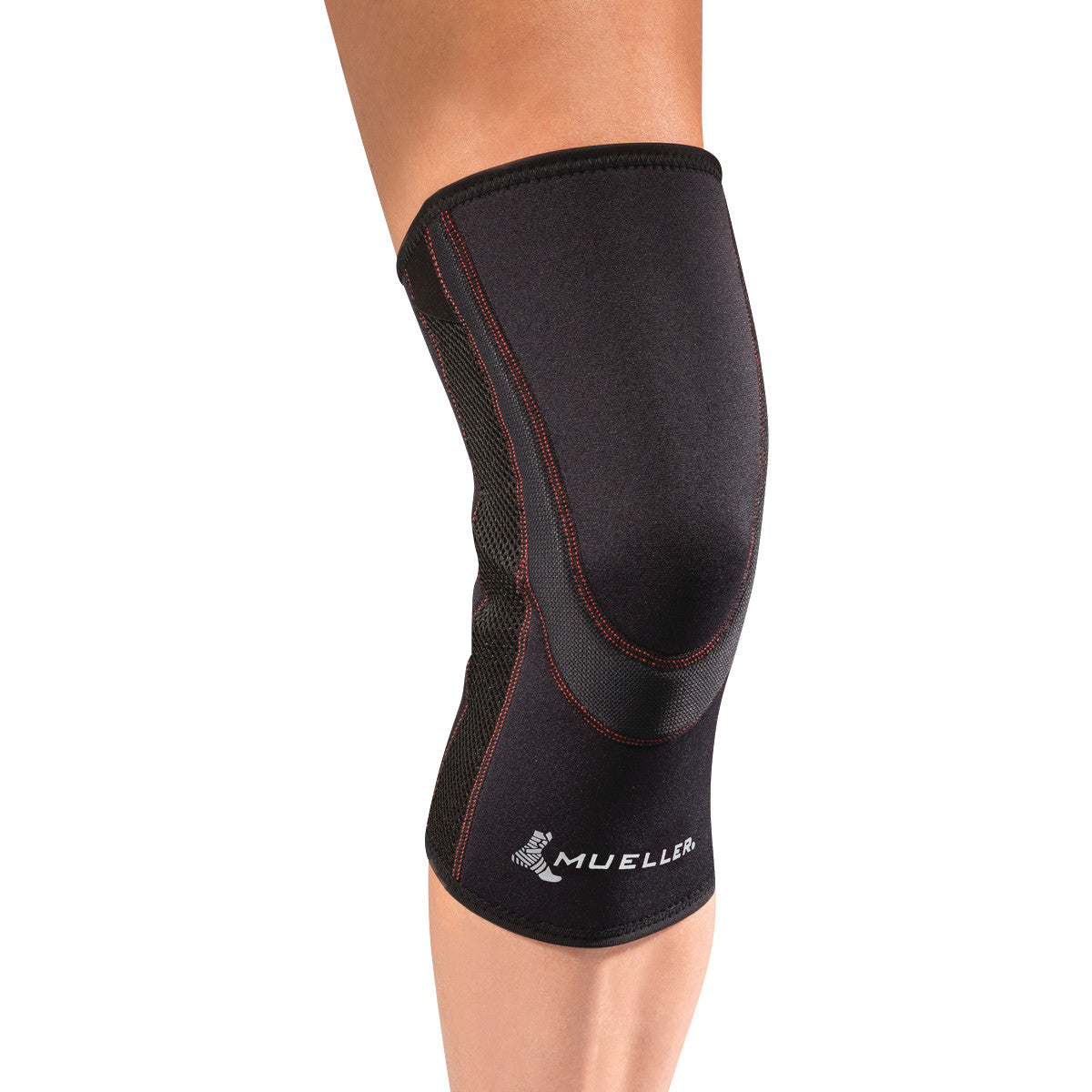 A leg wearing a black "Mueller Breathable Closed Patella Knee Sleeve" with red stitching, covering the knee and upper calf.