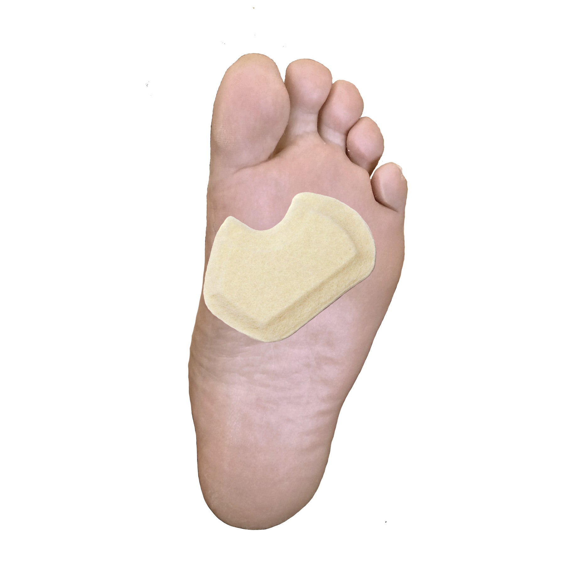 A foot with a beige Felt Dancer Met Pad attached to the sole, providing cushioning for the ball of the foot.
