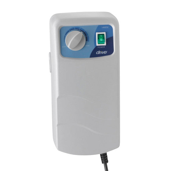 Drive Medical Med-Aire Alternating Pressure Pad System controller with a dial for firmness and a green power switch, connected by a cord.