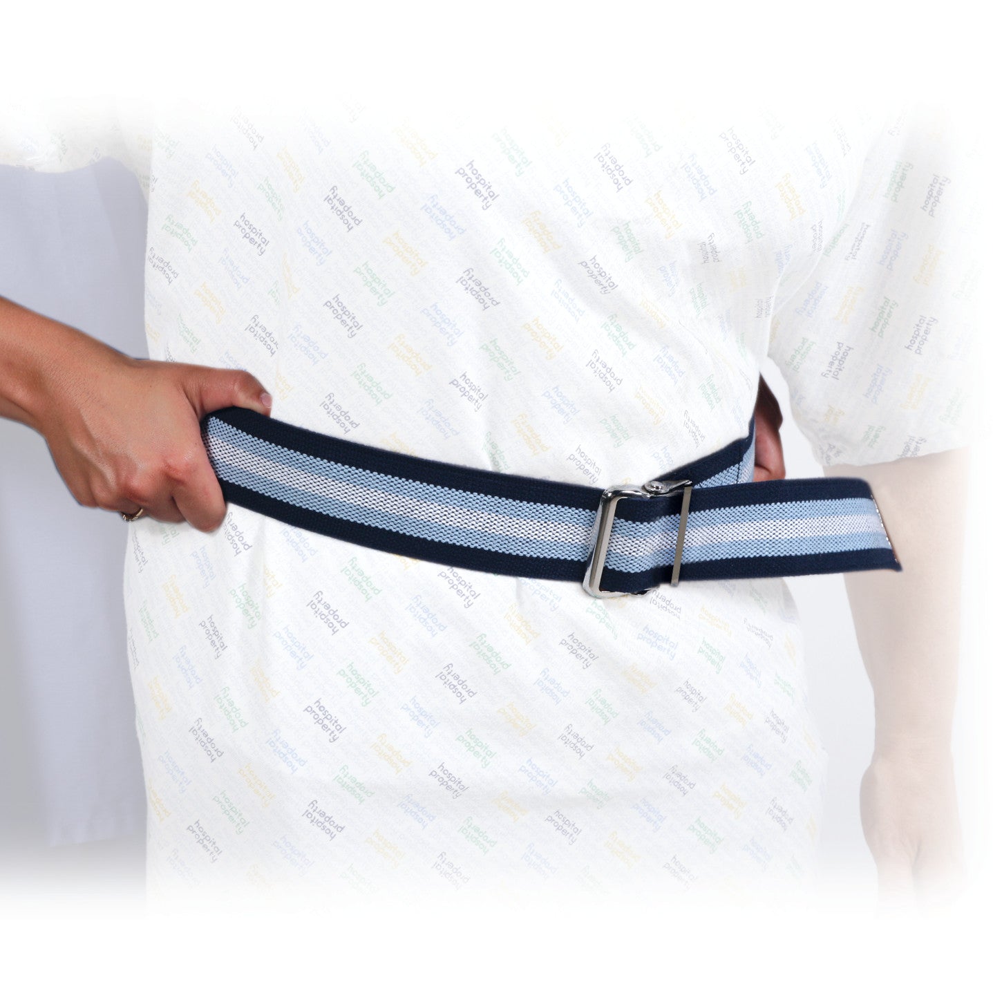 A person wearing the AliMed Antimicrobial-Treated Gait Belt, which is a striped blue belt with a metal buckle, held at the side.