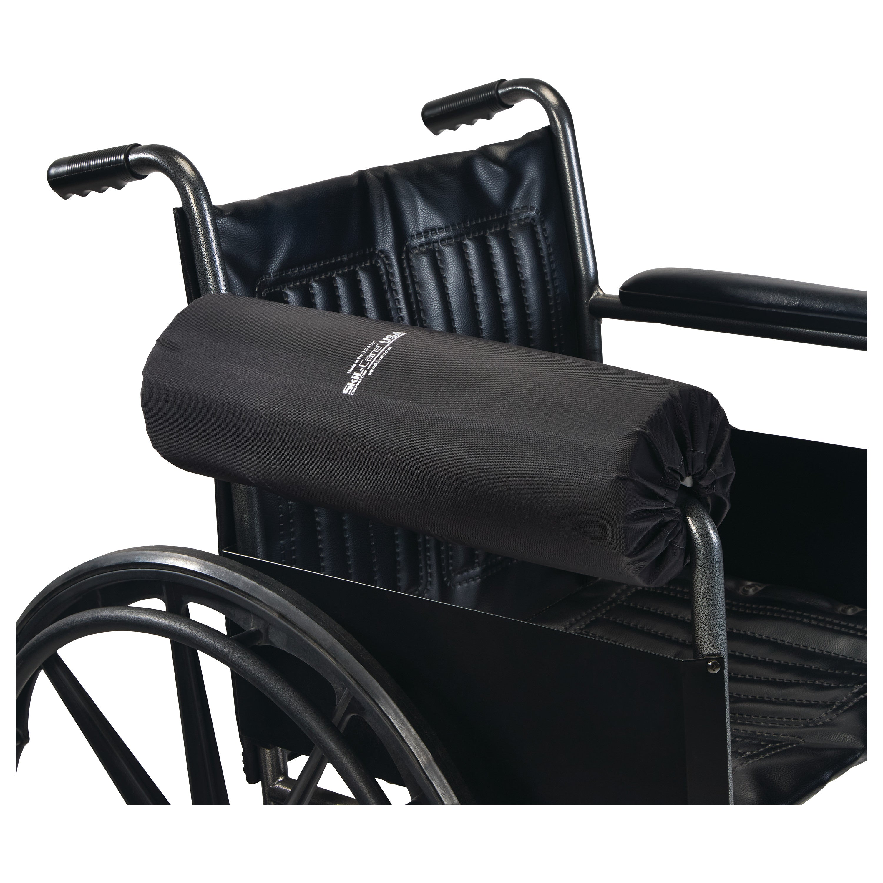 SkiL-Care Lateral Stabilizer Full-Arm Armrest Bolster attached to a wheelchair, providing extra support and cushioning for the user.