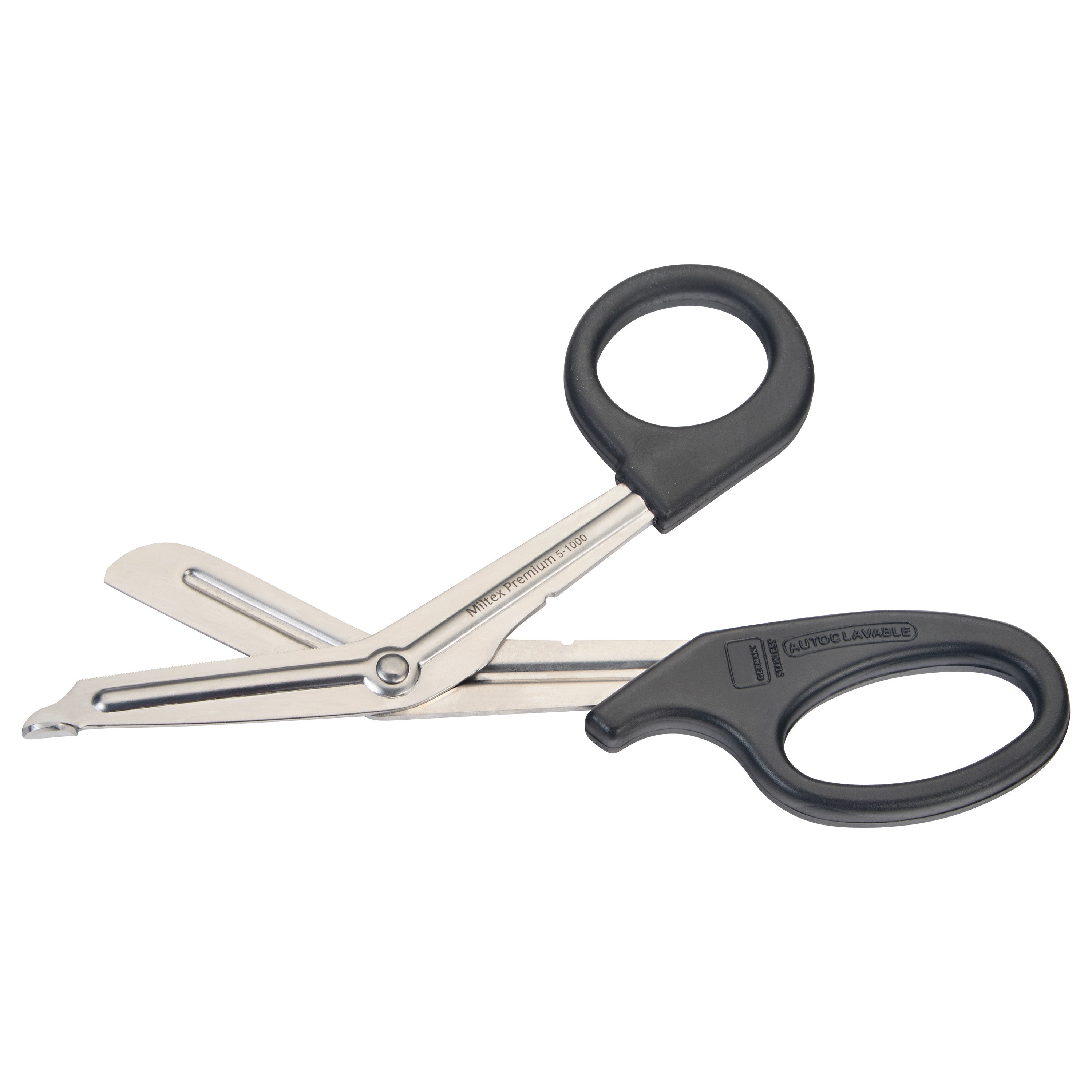 Miltex Universal Bandage Scissors with black handles and angled stainless steel blades designed for medical use.
