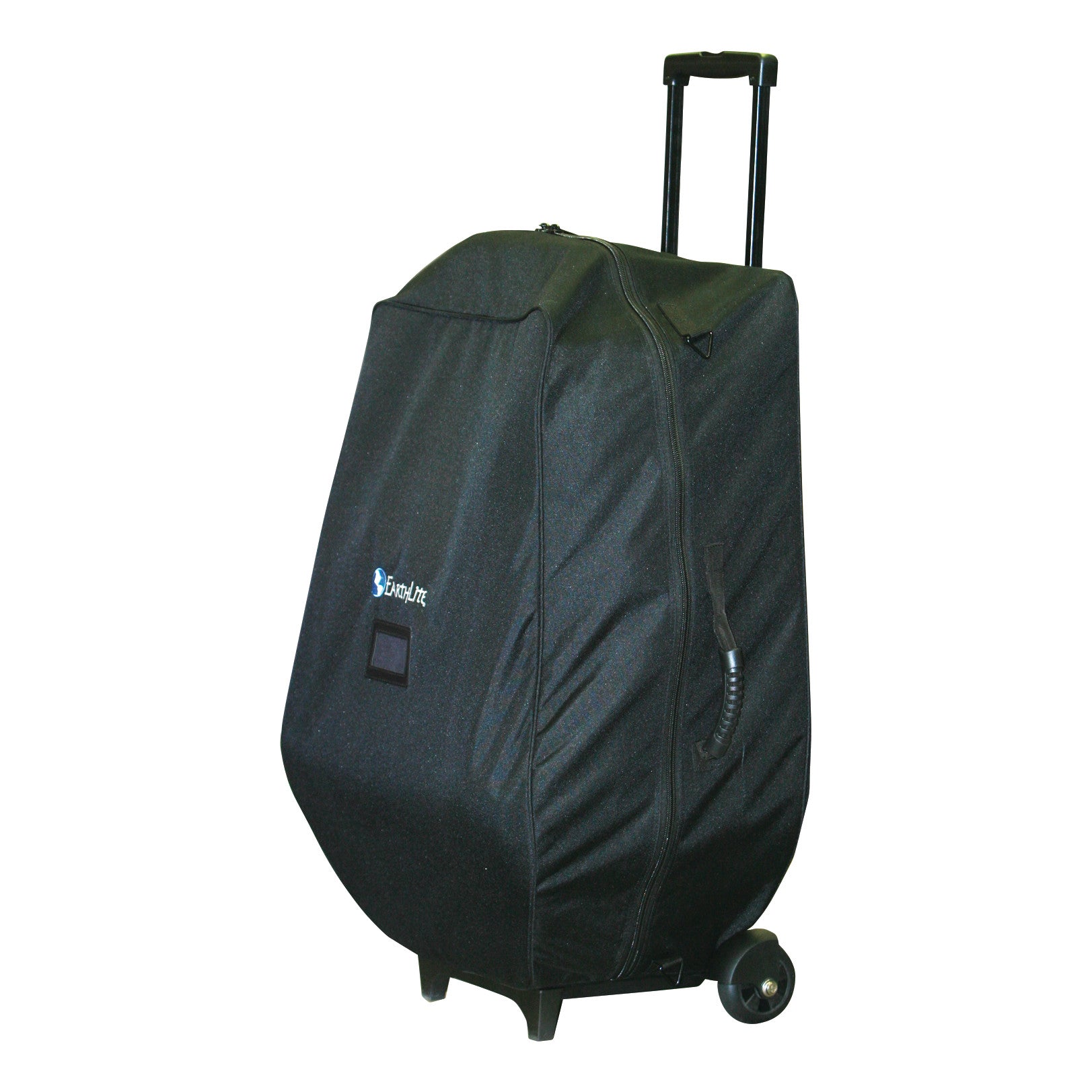 A black EarthLite Avila II Portable Massage Chair is covered with a black protective case. It has wheels and a retractable handle.