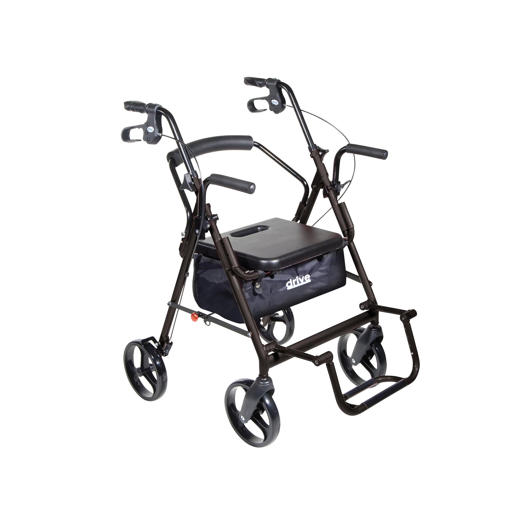 Drive Medical The Duet Transport Chair and Rollator, featuring a seat, four wheels, hand grips with brakes, and a storage pouch.