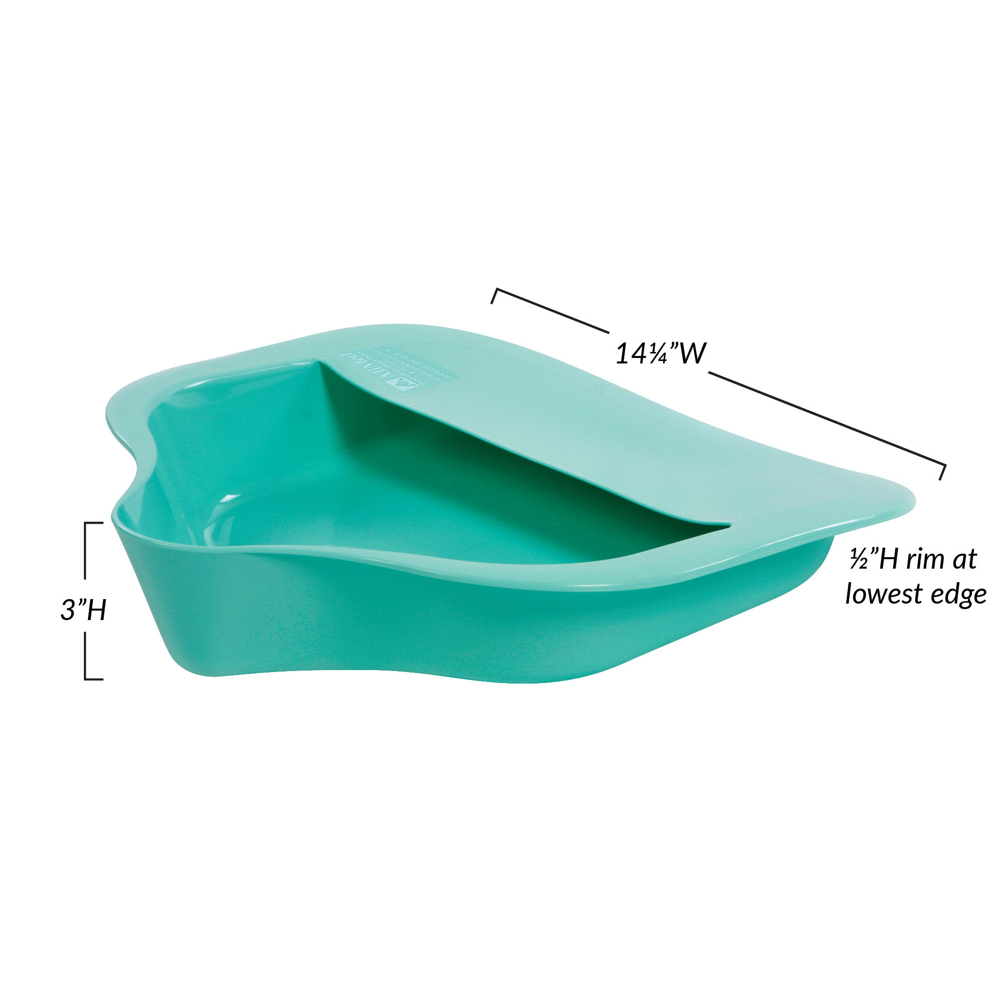 The image shows a turquoise AliMed Bariatric Bed Pan with Anti-Splash, measuring 14�"W x 3"H with a �"H rim at the lowest edge.
