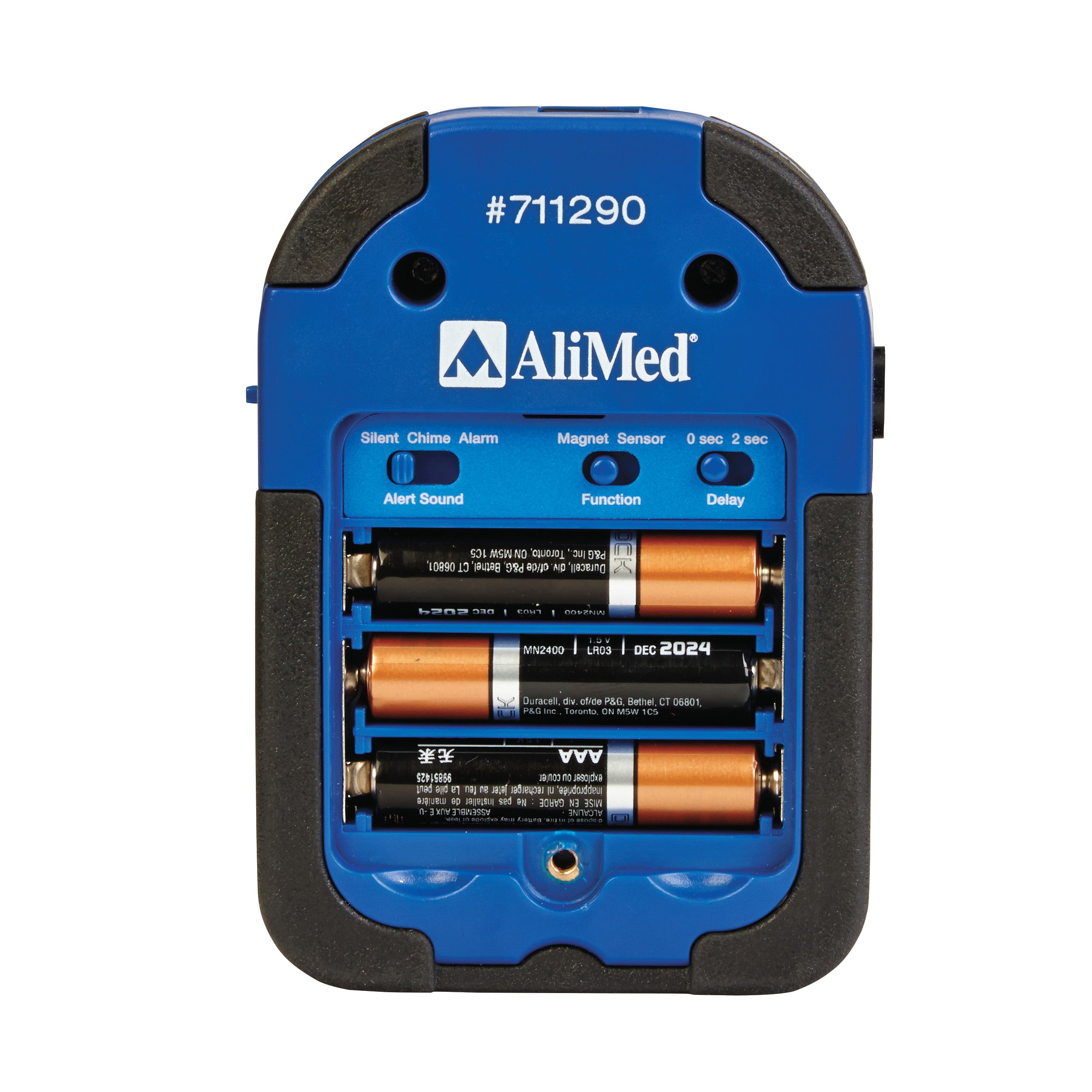 Blue AliMed IQ Duo Plus Alarm with battery compartment open, showing four AA batteries. Controls include silent, chime, and alarm.