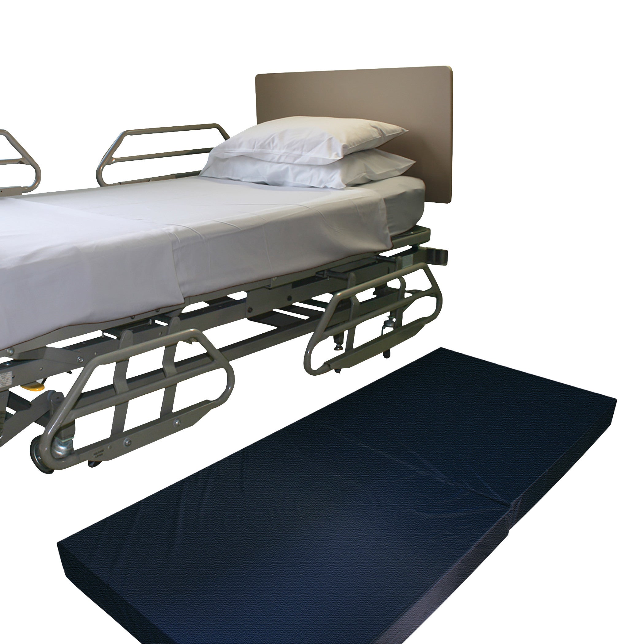 NYOrtho Bedside Safety Mat beside a hospital bed with railings, pillows, and white sheets.