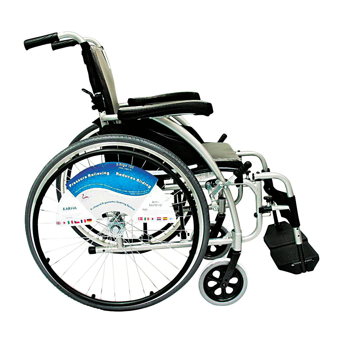 The Karman S-Ergonomic Series 115 Ultra-Lightweight/Compact Wheelchair with Quick-Release Axle features a modern, ergonomic design.