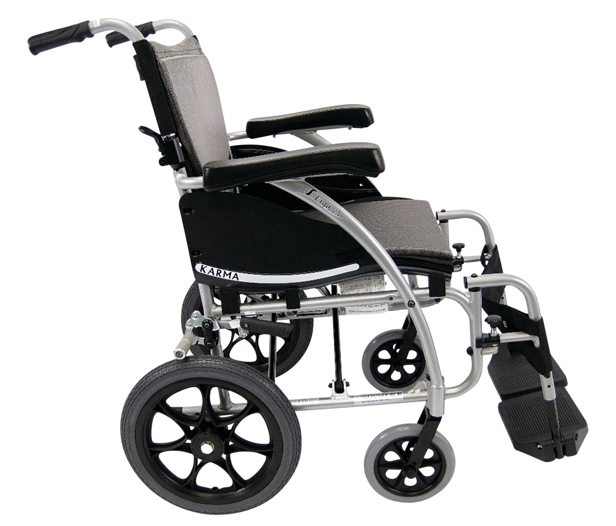 The Karman S-ERGO 115 Transport Wheelchair features a lightweight frame, large rear wheels, and padded armrests.