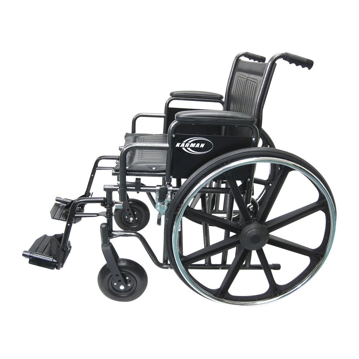 Karman Bariatric Wheelchair in black with large rear wheels, footrests, and cushioned seat, viewed from the side.