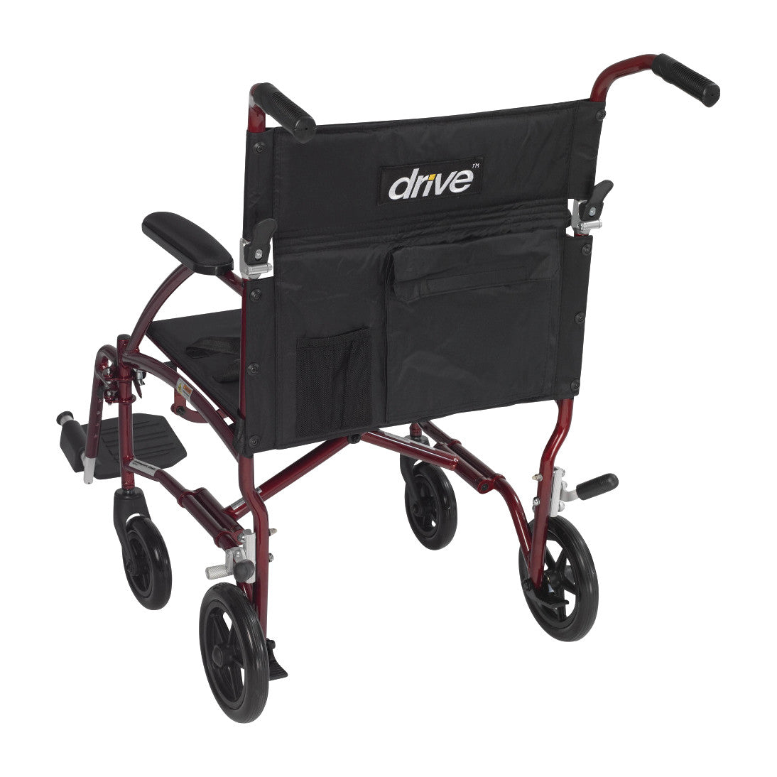 Rear view of the Drive Medical Fly-Lite Aluminum Transport Chair, featuring a black fabric backrest and red frame with four wheels.