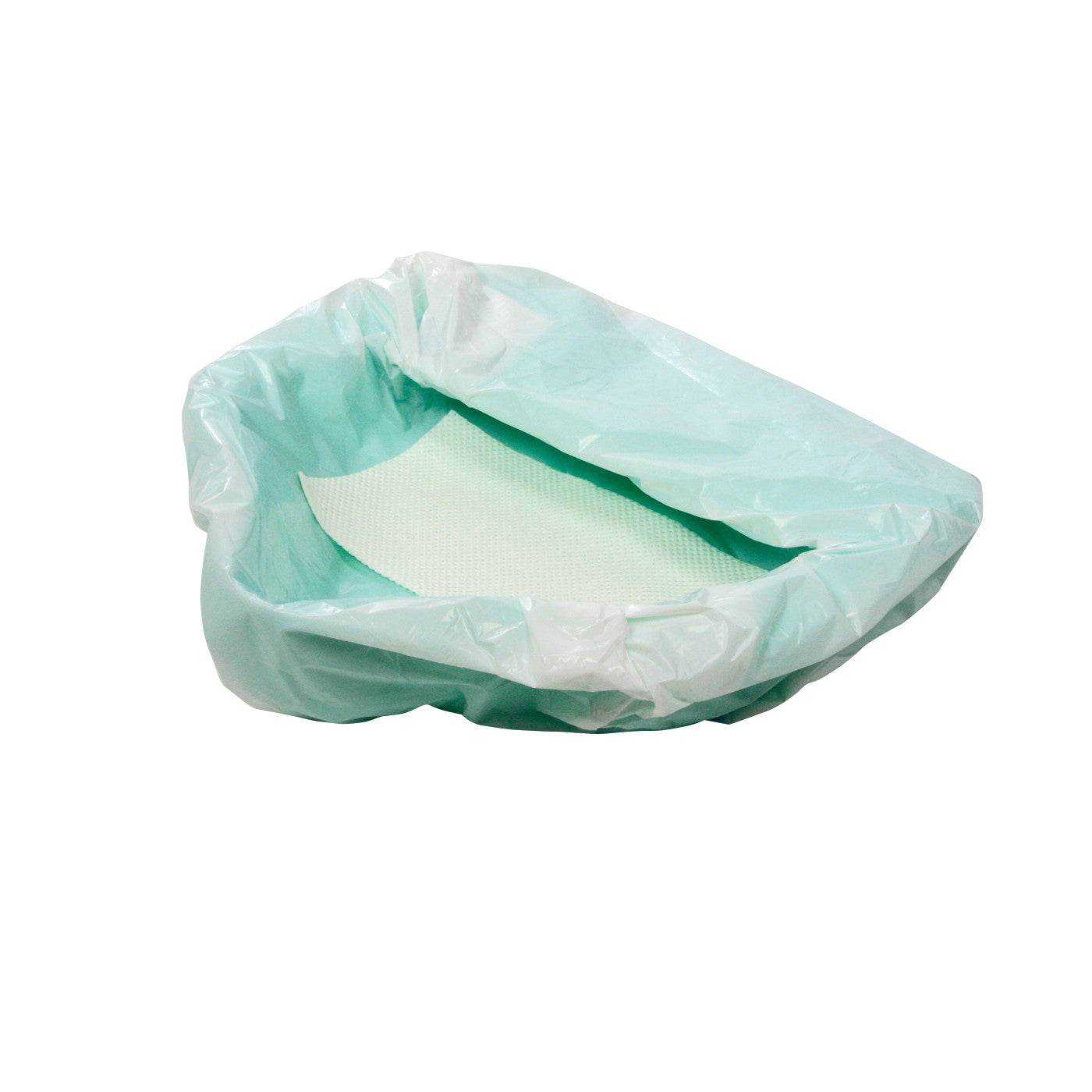 A CareBag Bedpan Liner is shown, featuring a green absorbent pad inside a disposable blue plastic liner for bedpan use.