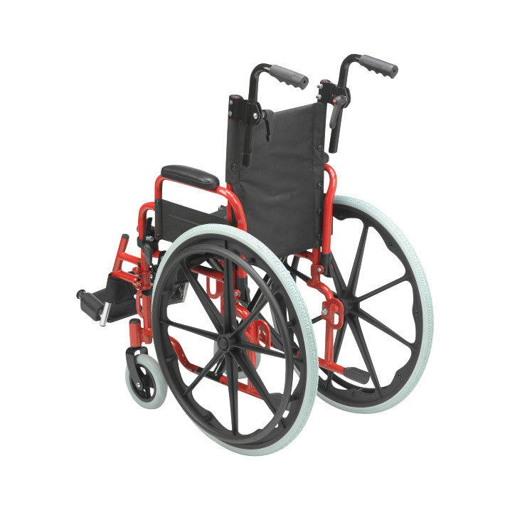 Red  Wallaby Pediatric Wheelchair with black seat and large rear wheels, designed for children, featuring adjustable footrests.