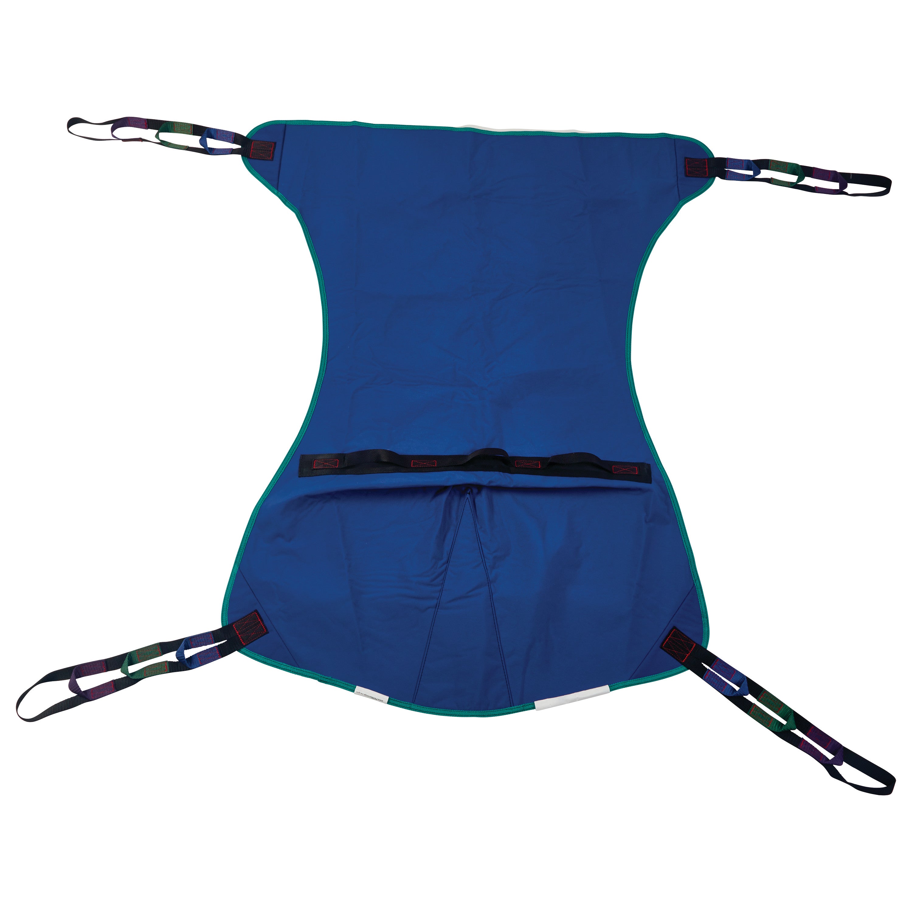 Invacare Full Body Patient Sling, blue fabric with four straps, used for safely lifting and transferring patients.