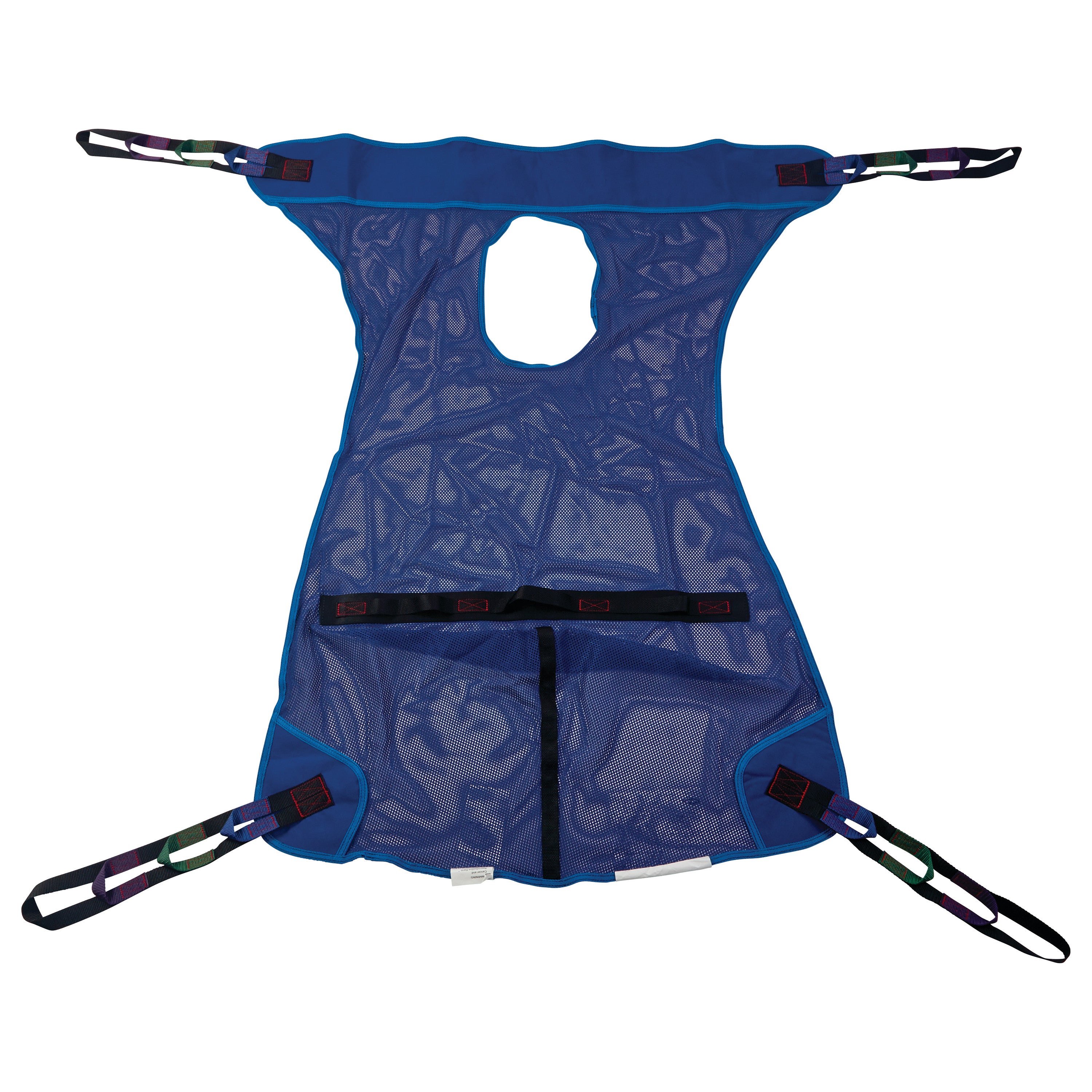 Invacare Full Body Patient Sling with Commode Opening, a blue mesh sling with multiple strap loops for secure lifting.