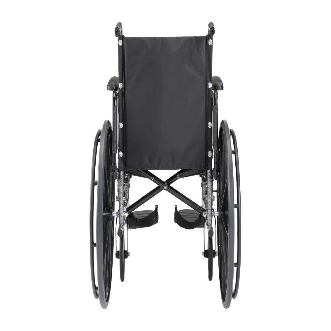 The Invacare Tracer SX5 Wheelchair with Full Arms is shown from the rear, highlighting its large wheels and footrests.