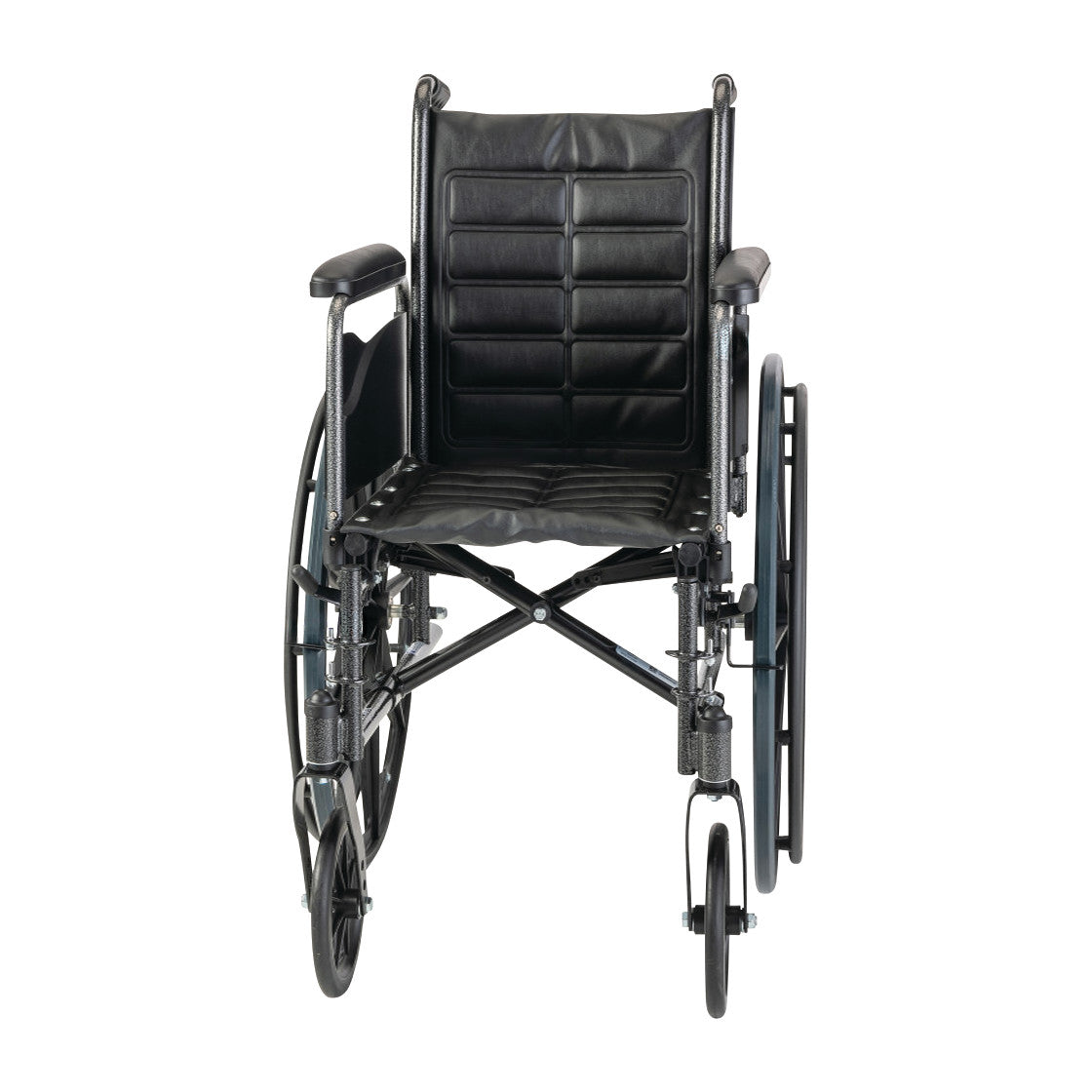 An Invacare Tracer EX2 Wheelchair with Removable Fixed-Height Desk Arms, featuring black upholstery and a sturdy metal frame.