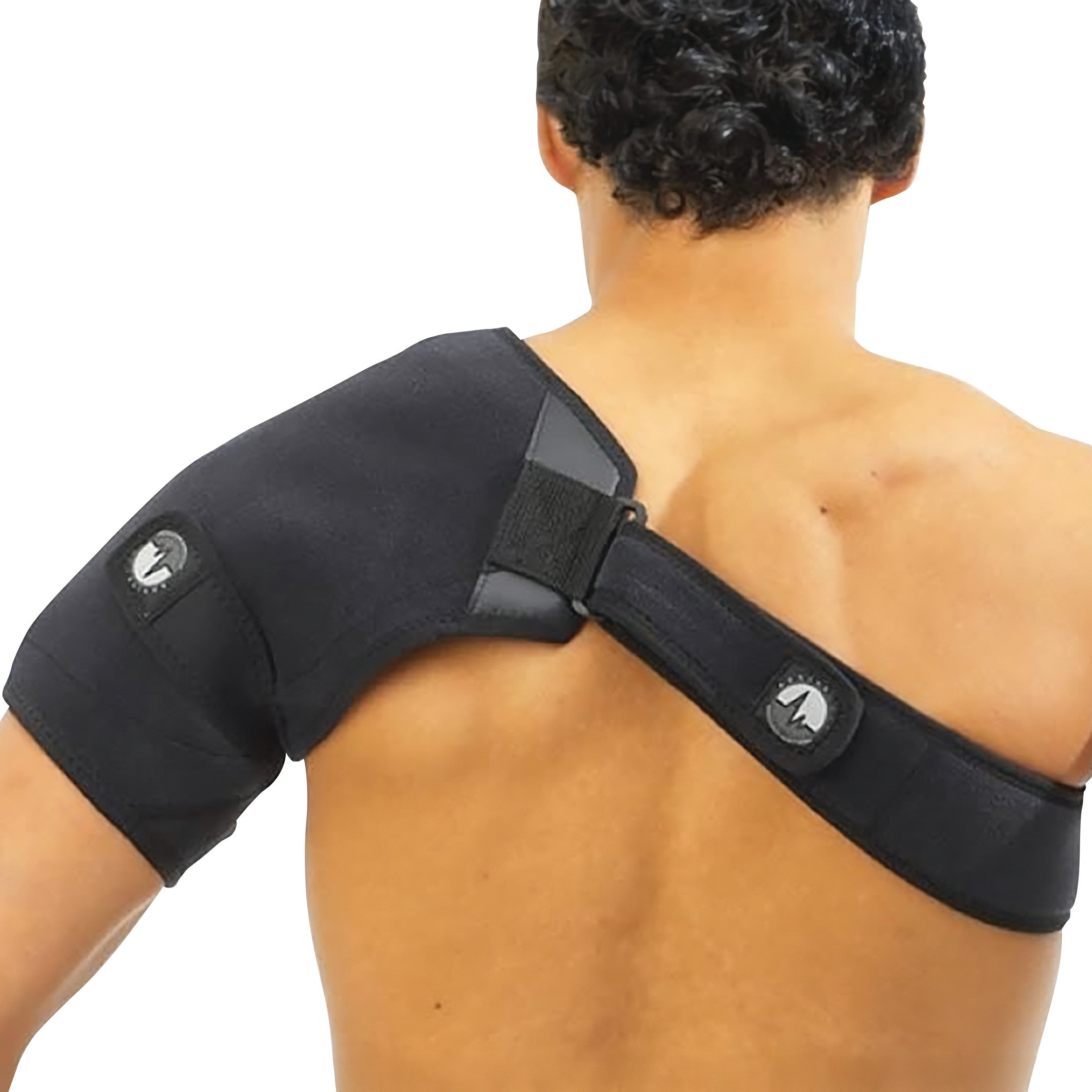 A person wears an ActiveWrap shoulder support brace with a secure fit, featuring adjustable straps across the back and chest.