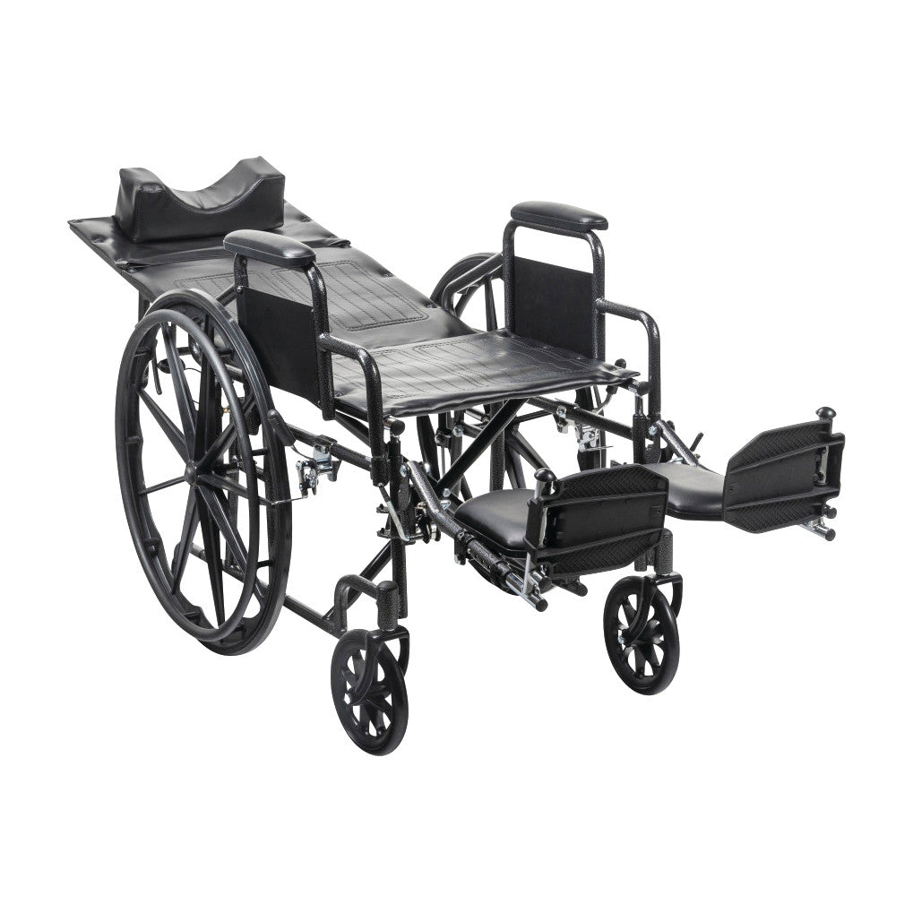 Drive Medical Silver Sport Full-Reclining Wheelchair with Removable Desk Arms, featuring adjustable footrests and a reclining backrest.