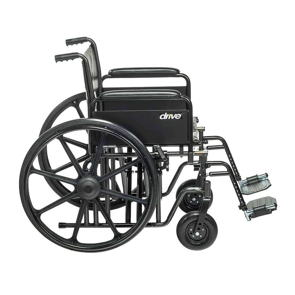Drive Medical Sentra EC Heavy-Duty Wheelchair with Full Arms and Swing-Away Footrests, black color, large rear wheels, and footrests.
