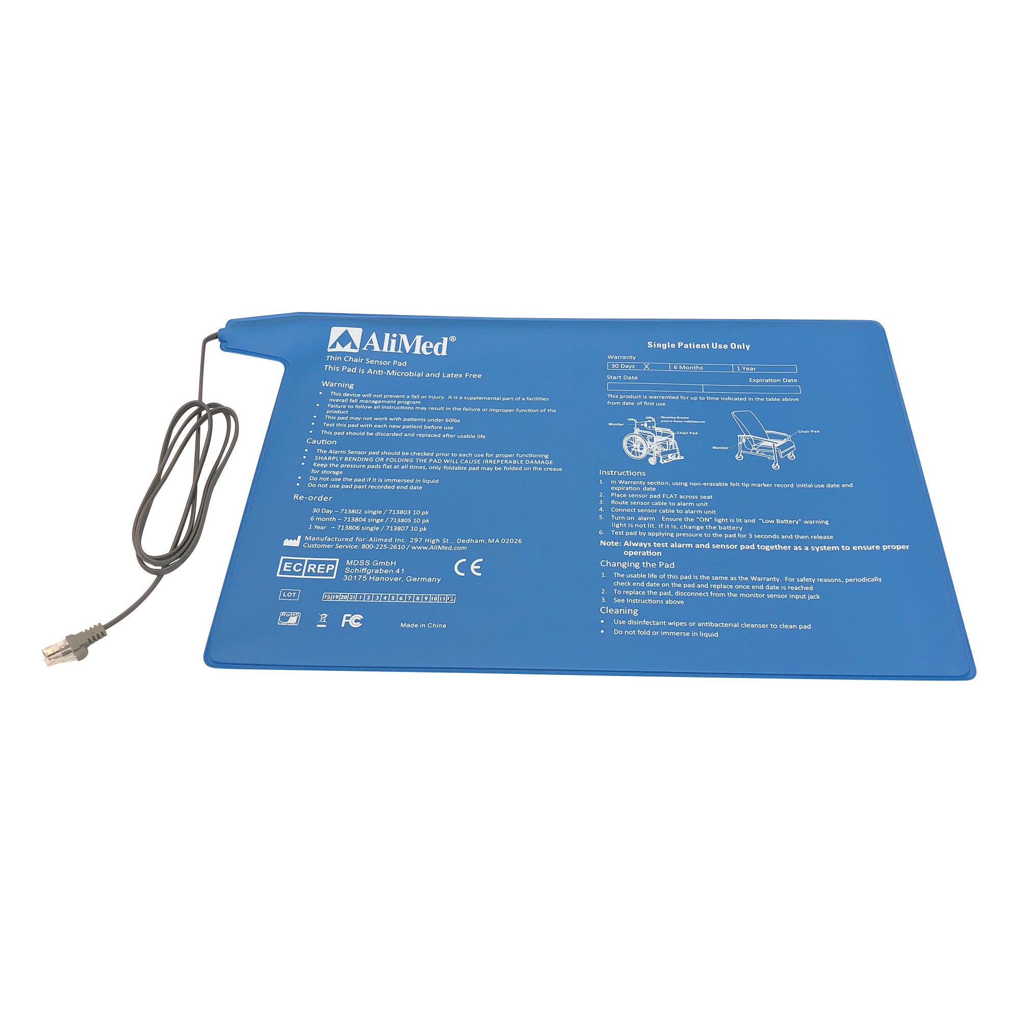 AliMed Corded Chair Pressure Sensor Pad, blue with instructions and a cable, used to monitor patient movement in chairs.
