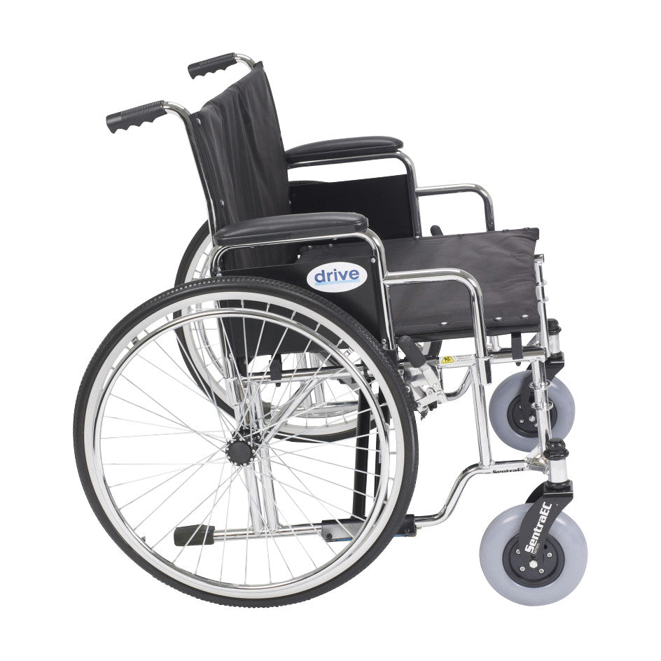 Sentra EC Heavy-Duty Extra-Wide Wheelchair with a black seat and metal frame, featuring large rear wheels and small front casters.